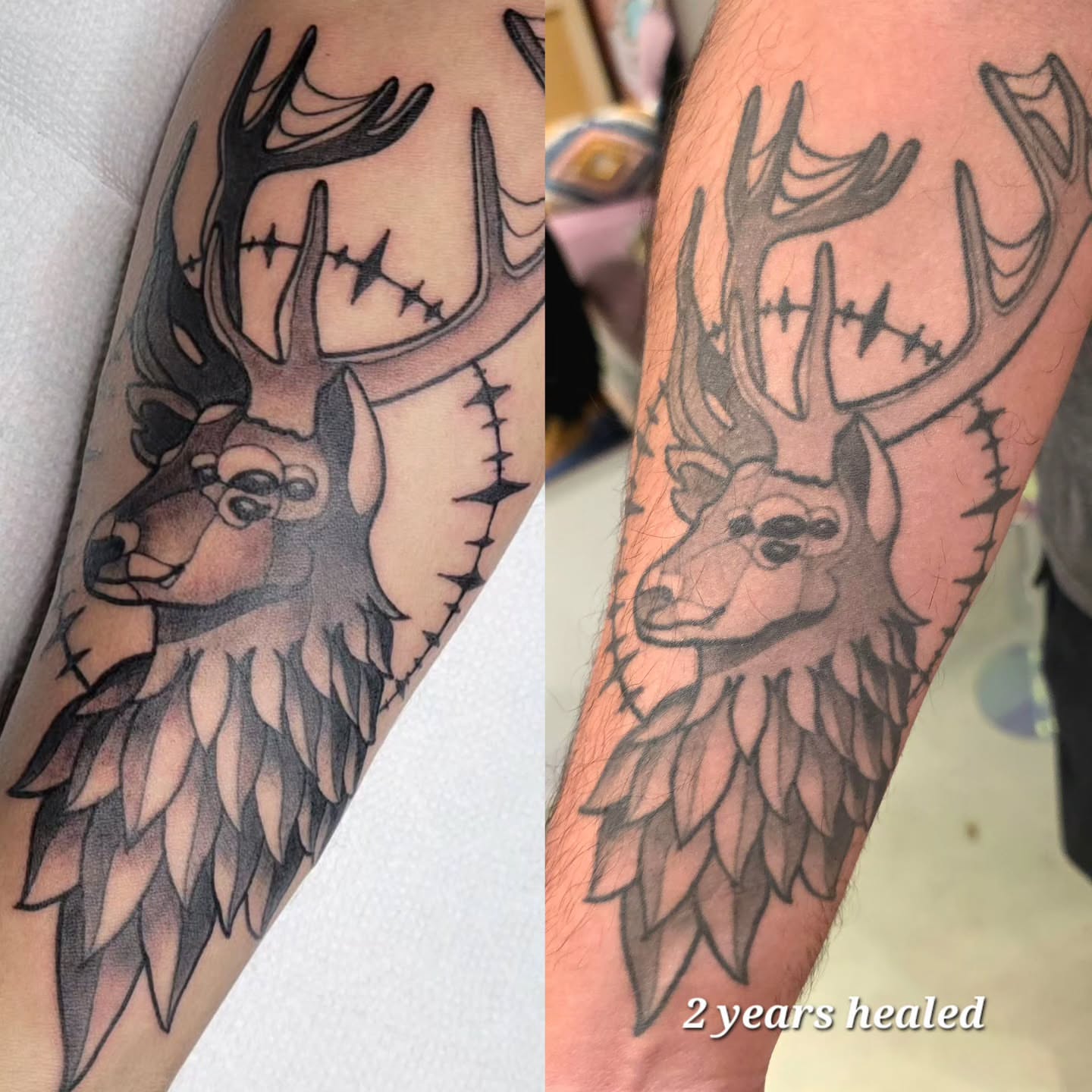 Stag head black and grey tattoo on the forearm by April High ☆ Tattoo Artist