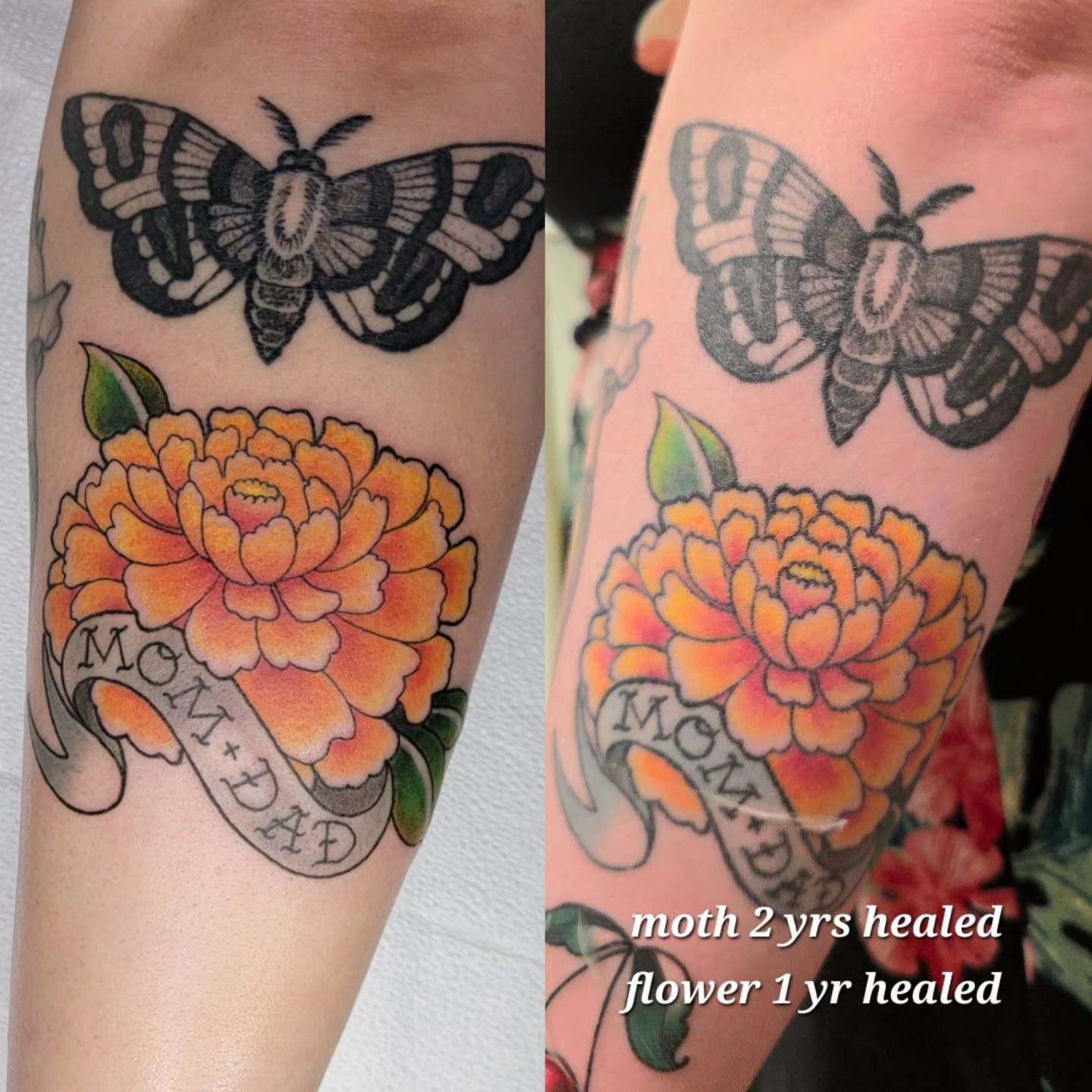 Moth and flower American traditional tattoo on the forearm by April High ☆ Tattoo Artist