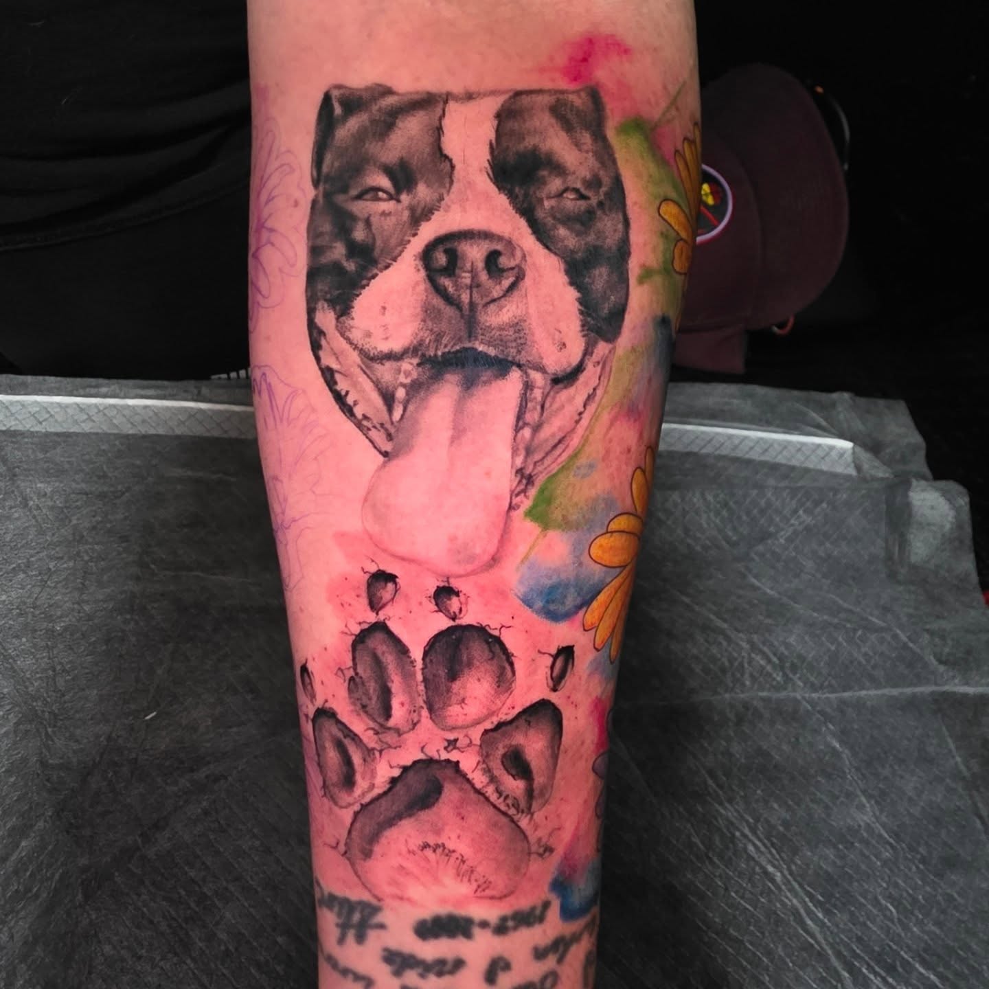 Dog and paw print watercolor tattoo on the forearm by komik tattoos