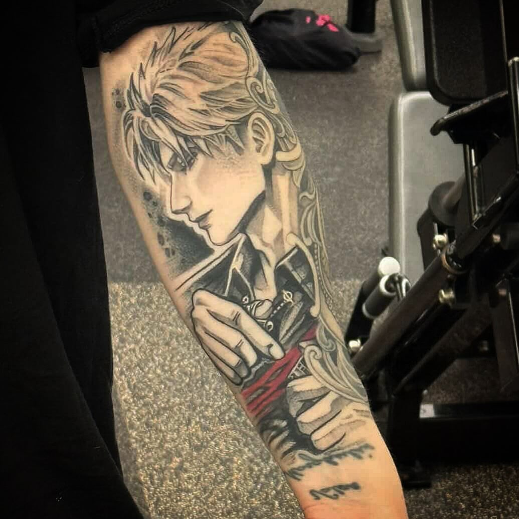 Anime character realism tattoo on the forearm by Javier Rivera