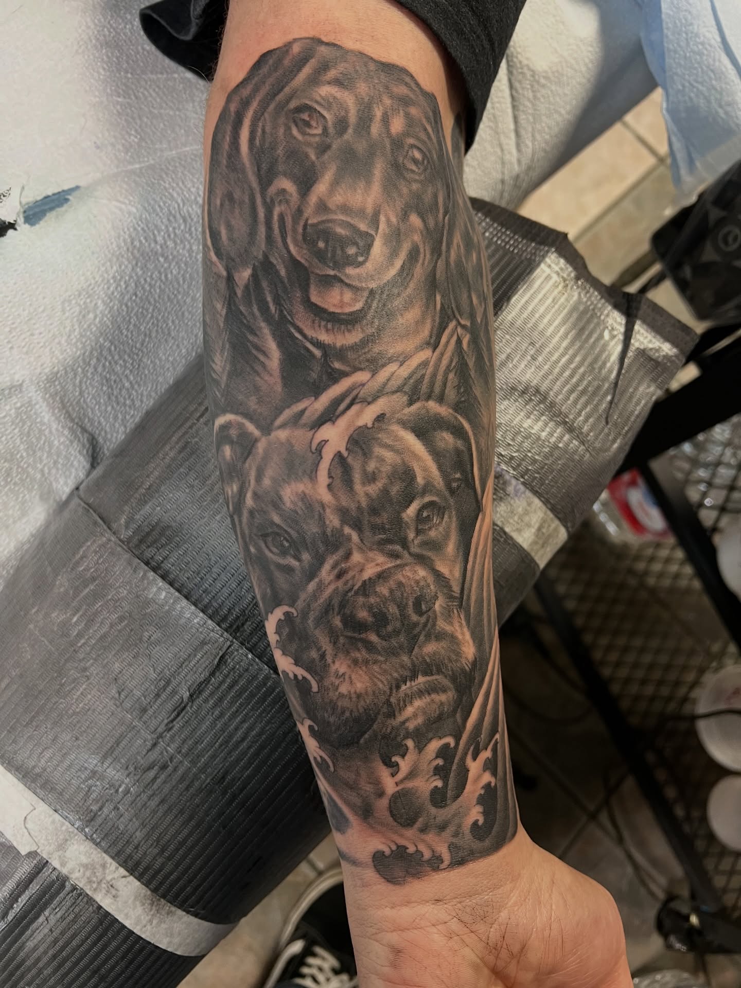 Dogs realism tattoo on the forearm by Corey Thompson, Butler, Pennsylvania