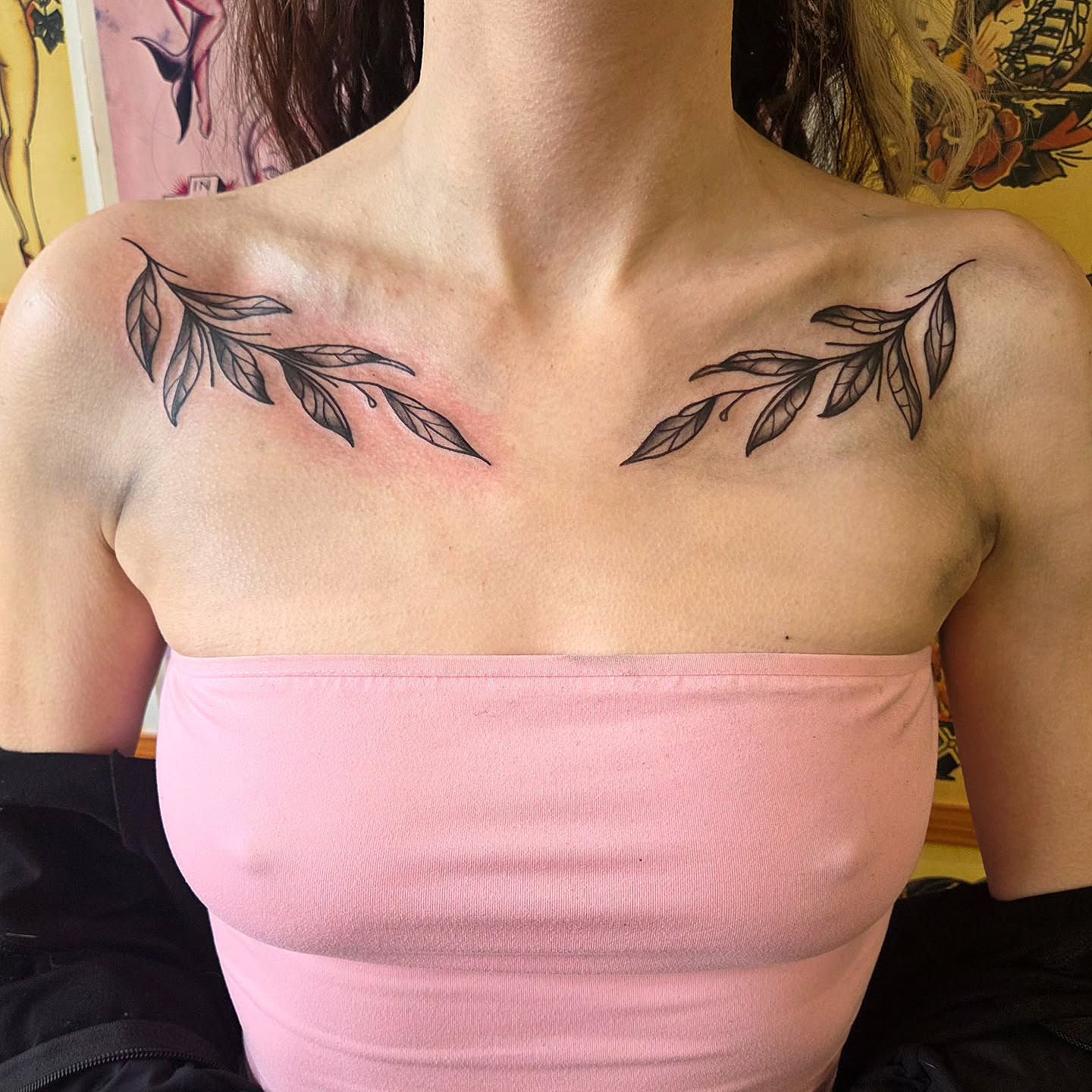 Leaf black and grey tattoo on the chest by Kat Coniglio Art