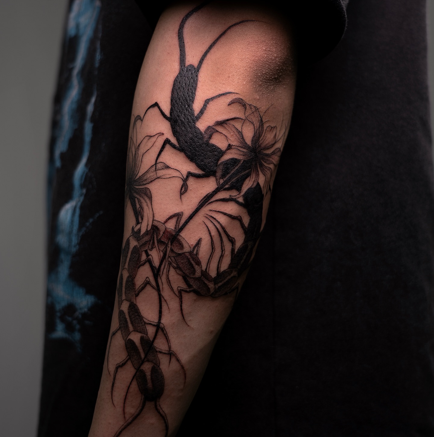 Insect and flowers realism tattoo on the forearm by V เผ๏ธ ๐๐๐ญ๐ญ๐จ๐จ ๐๐ซ๐ญ๐ข๐ฌ๐ญ
