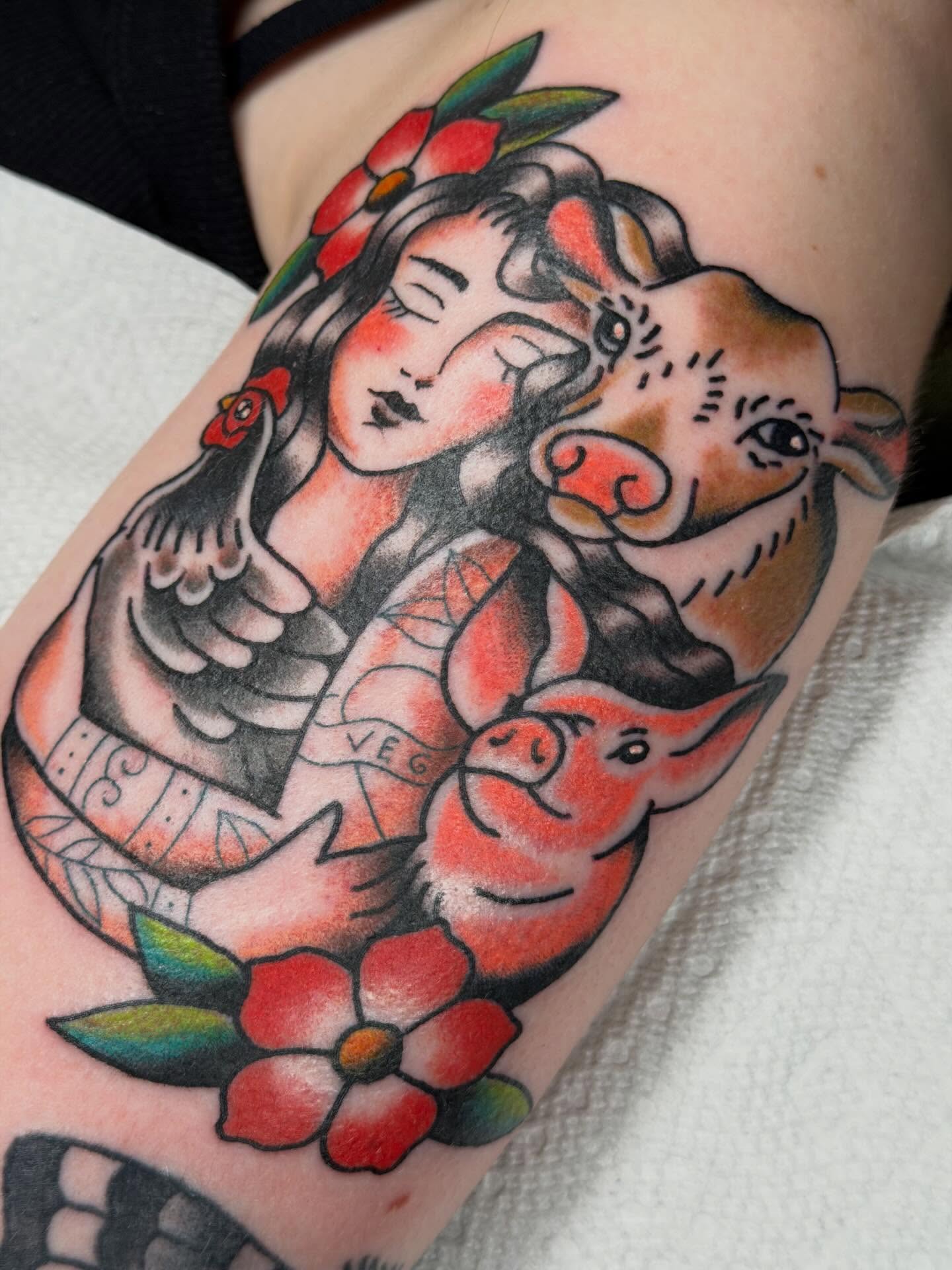Woman and pig American traditional tattoo on the forearm by April Morris ⚔️ Tattoo Goblin