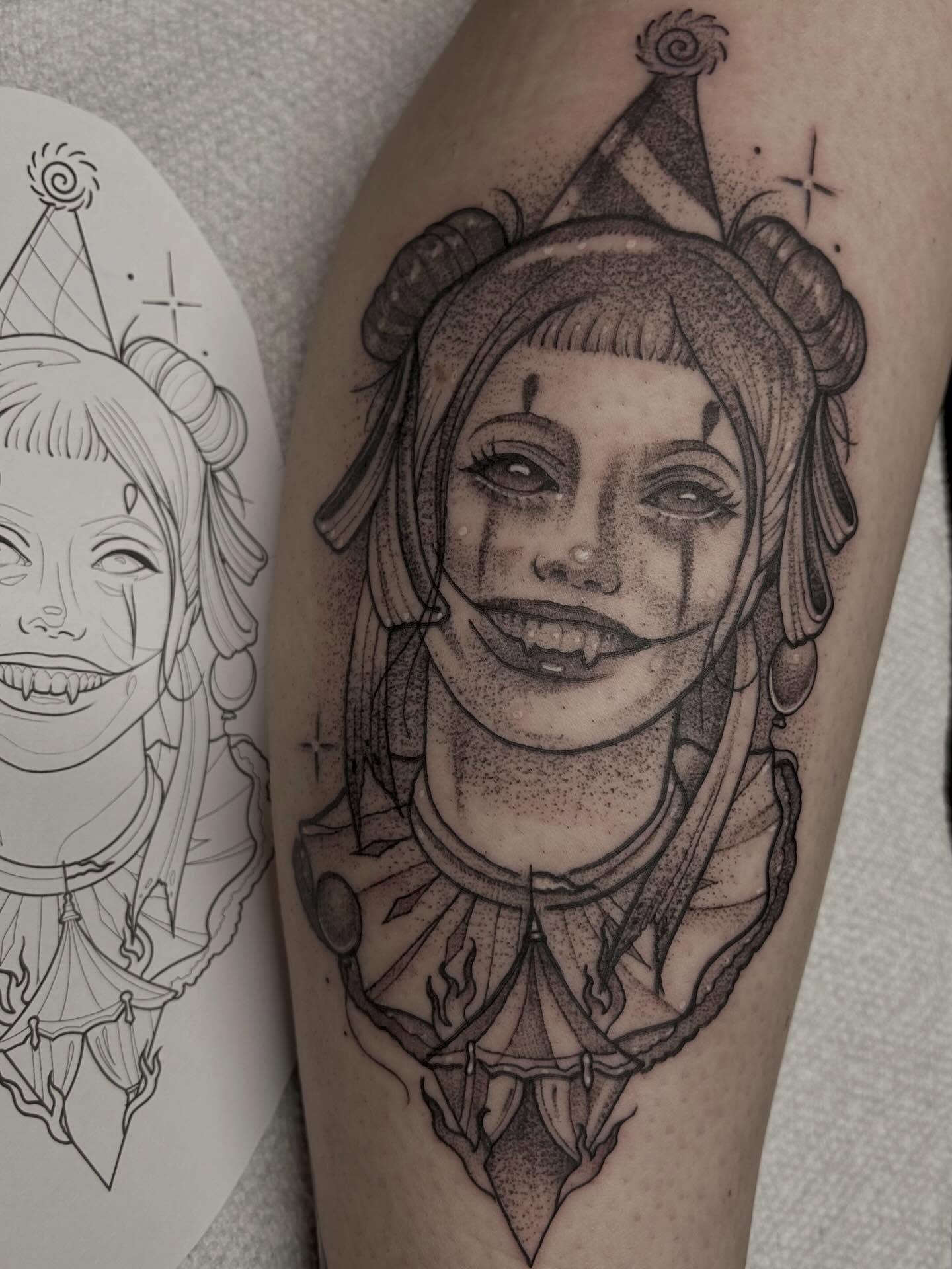 Clown girl dotwork tattoo on the forearm by Devon Lovely