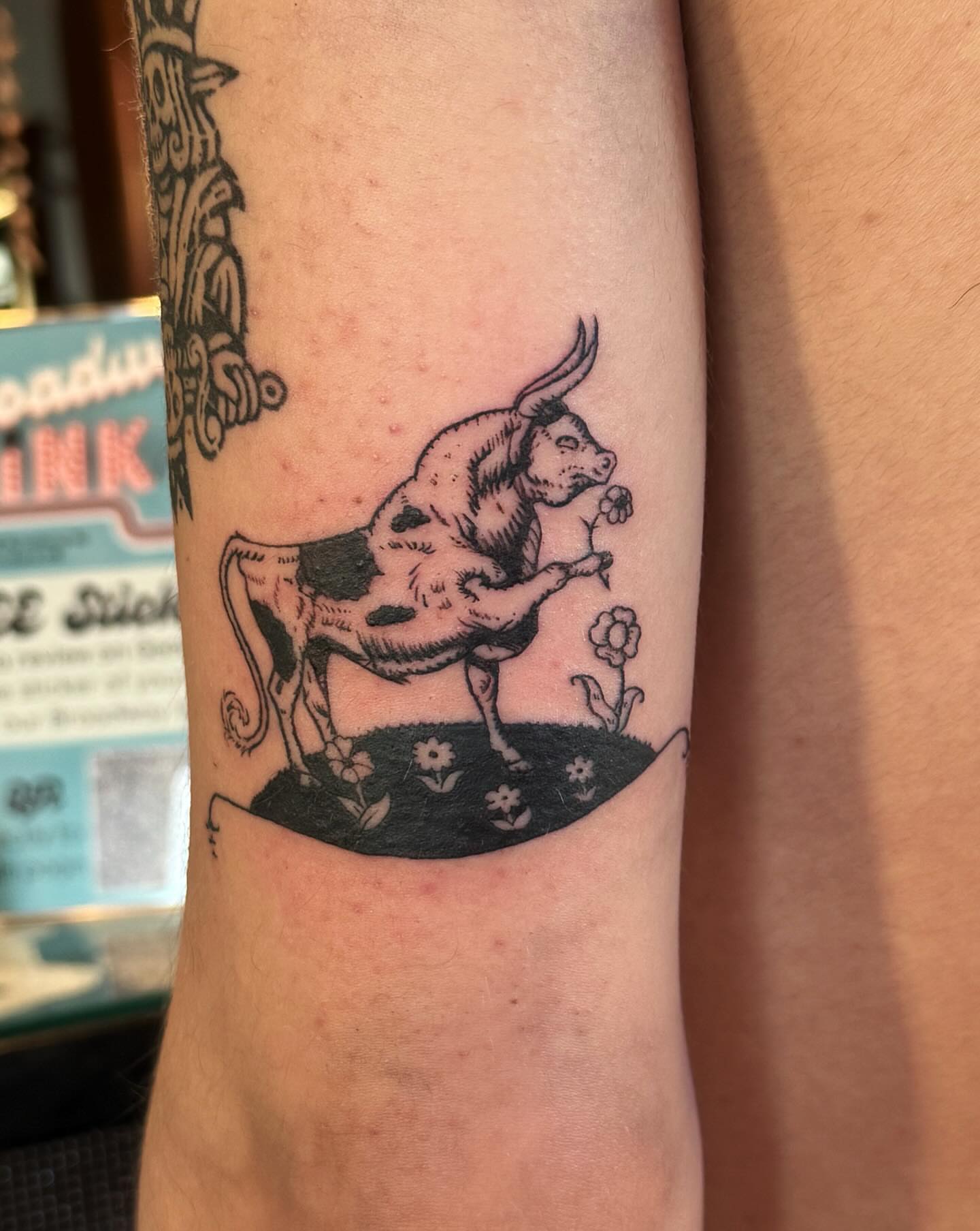 Bull and flowers American traditional tattoo on the forearm by Luna Enriquez⚡️, Portland, Oregon