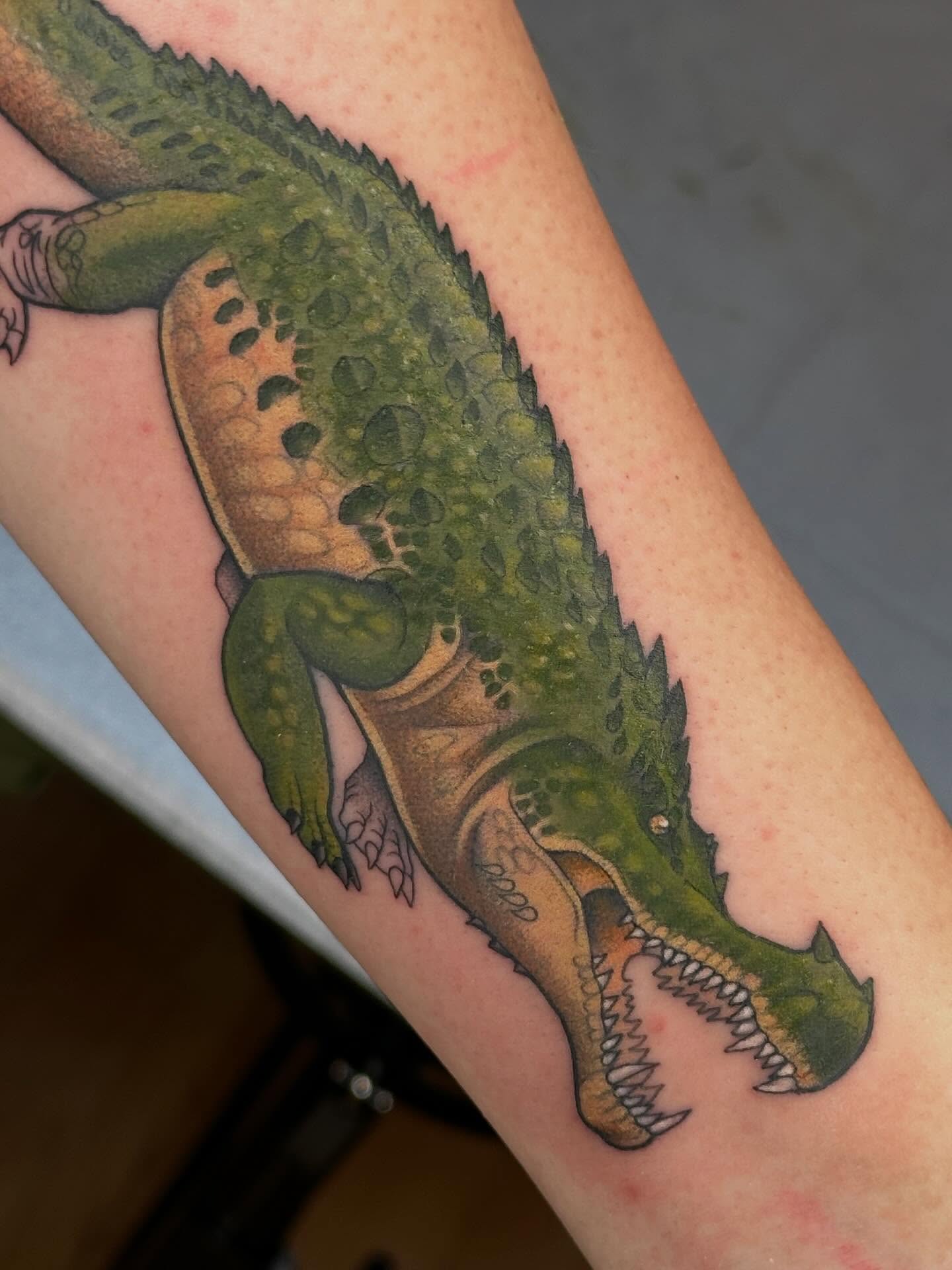 Alligator realism tattoo on the forearm by ✨ Mandy Foster - Bremerton Tattoo Artist✨, Bremerton, Washington