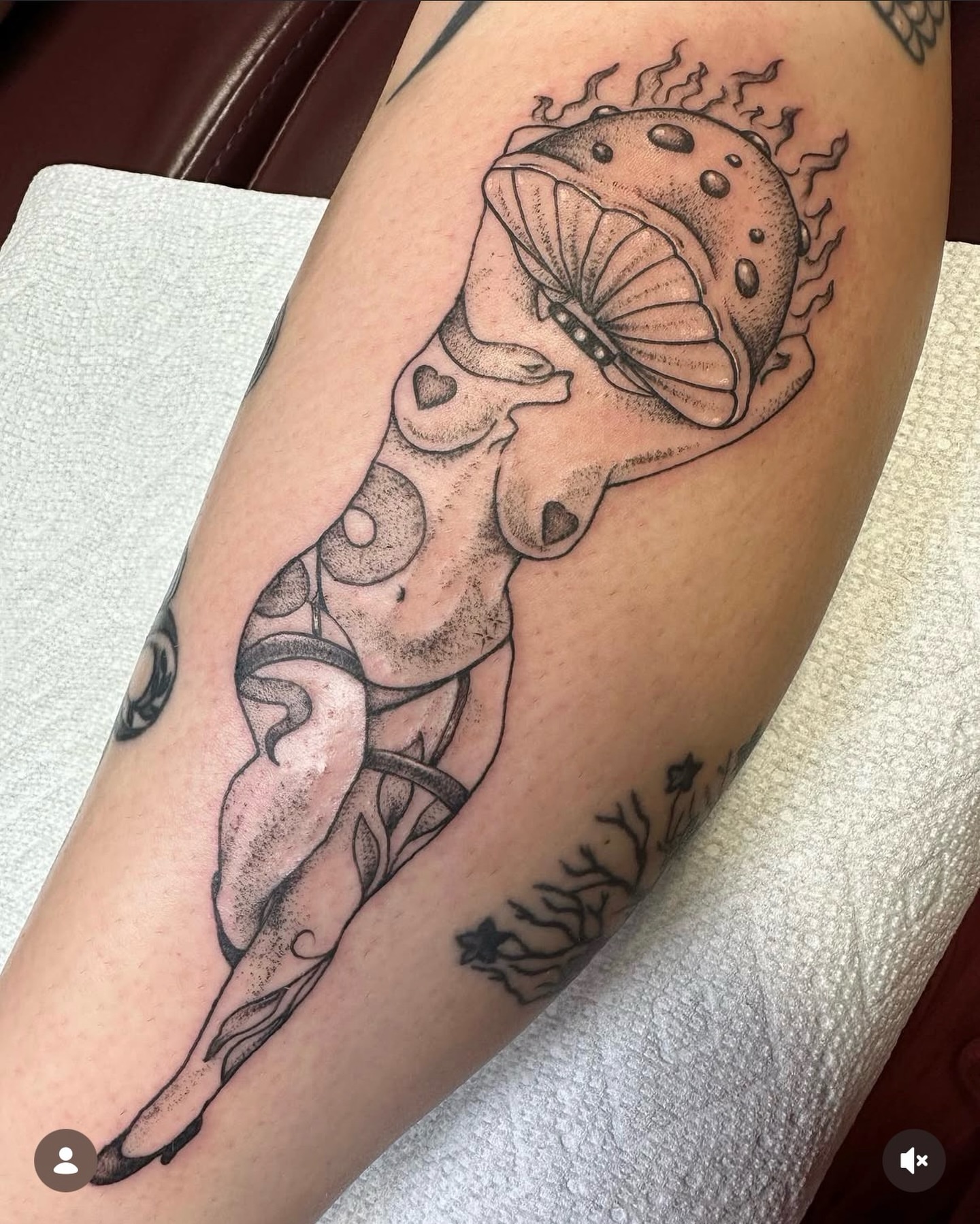 Mushroom black and grey tattoo on the forearm by Brandie