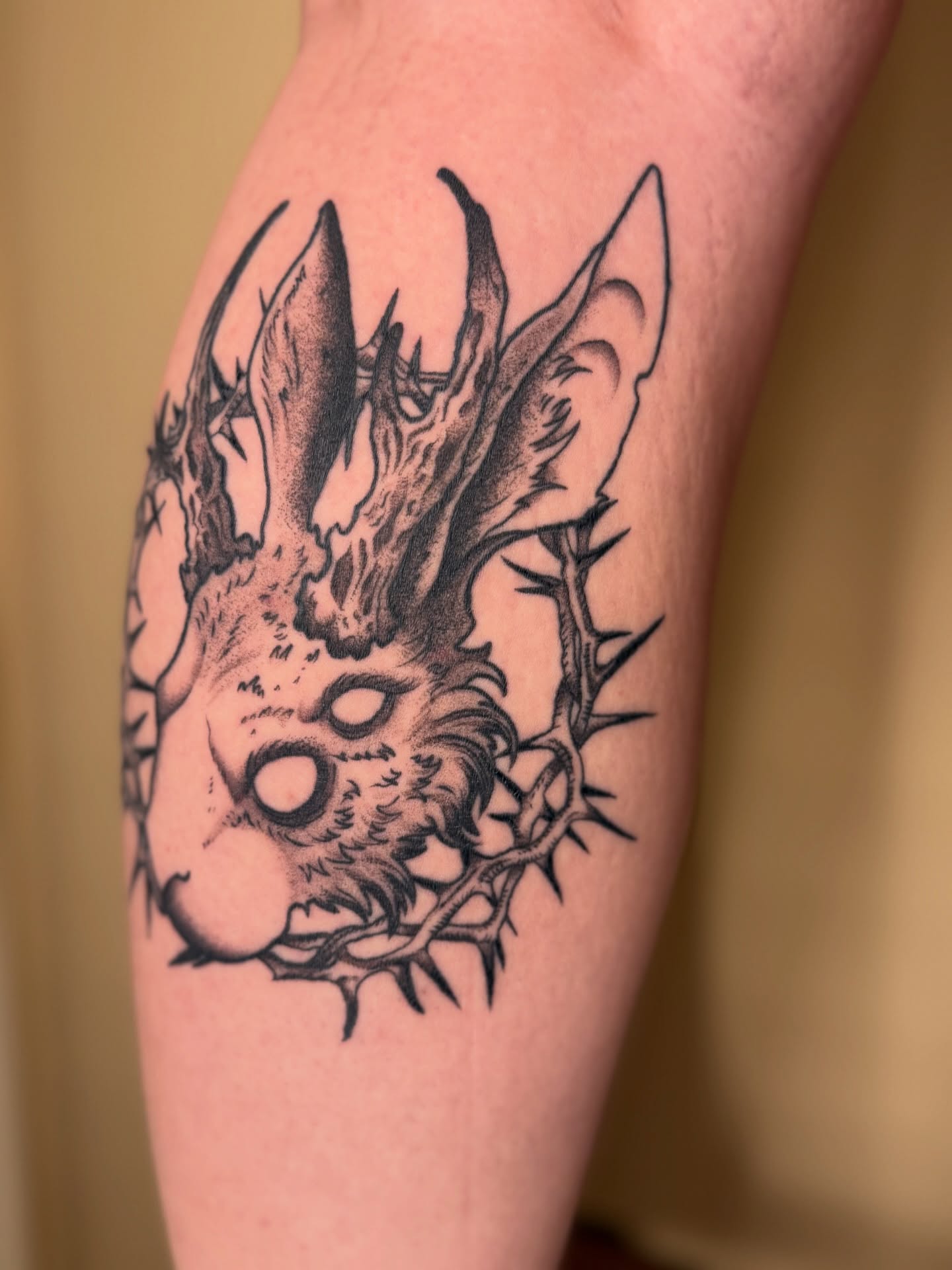 Rabbit black and grey tattoo on the forearm by Austin Poliszuk, Minneapolis, Minnesota