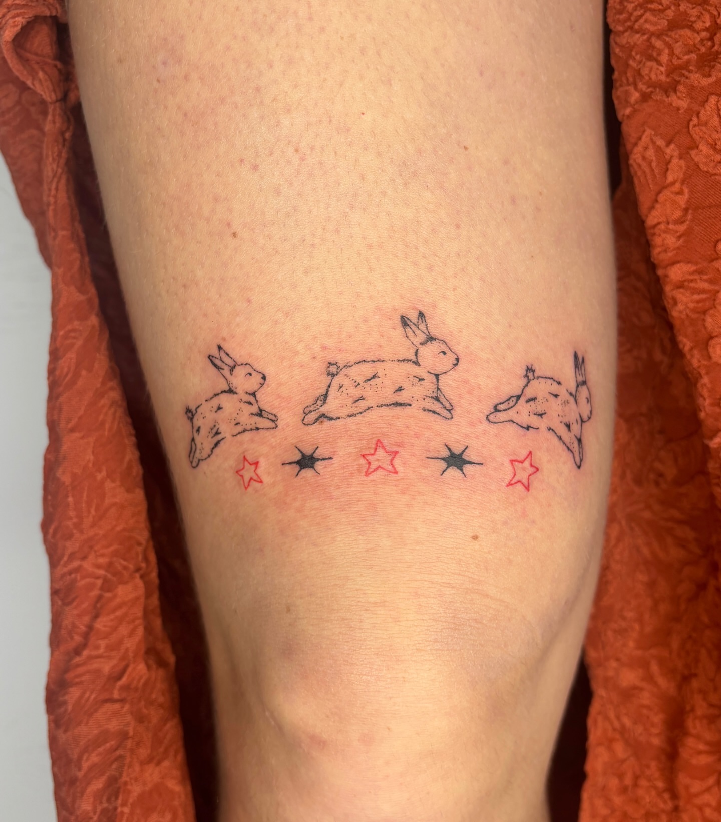 Rabbits and stars dotwork tattoo on the leg by Raye