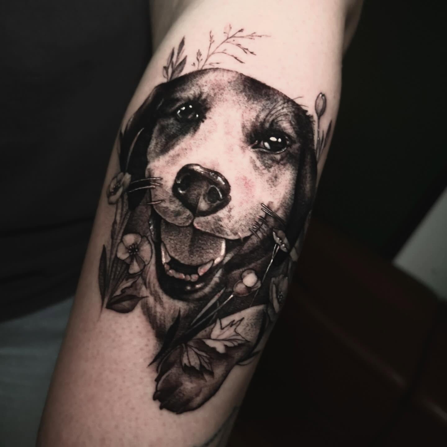 Dog realism tattoo on the forearm by Alle