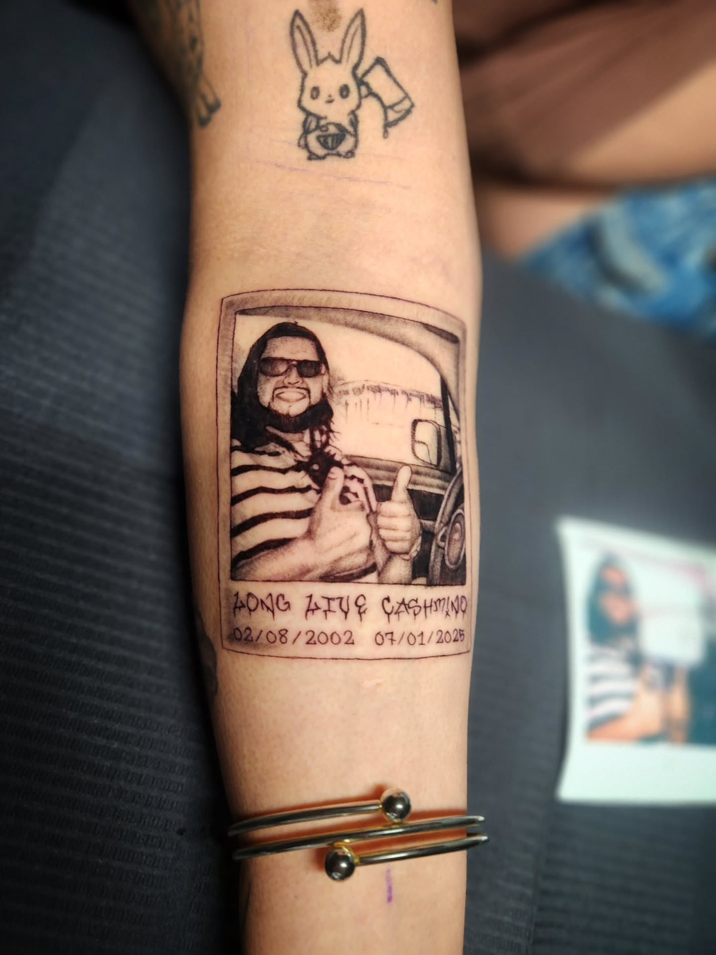 Portrait of man black and grey tattoo on the forearm by Abby Renteria