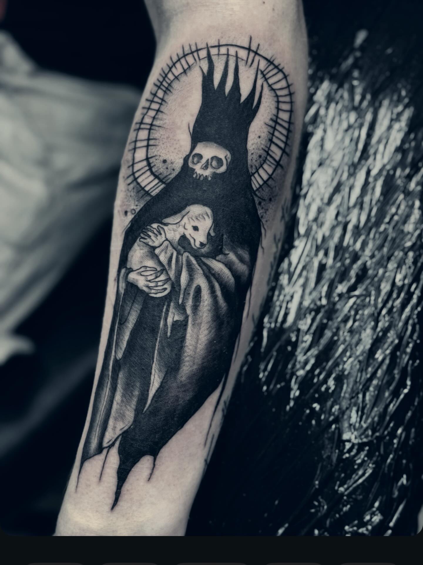 Grim reaper and lamb dark realism tattoo on the forearm by 🌙Jose Maldonado🌙