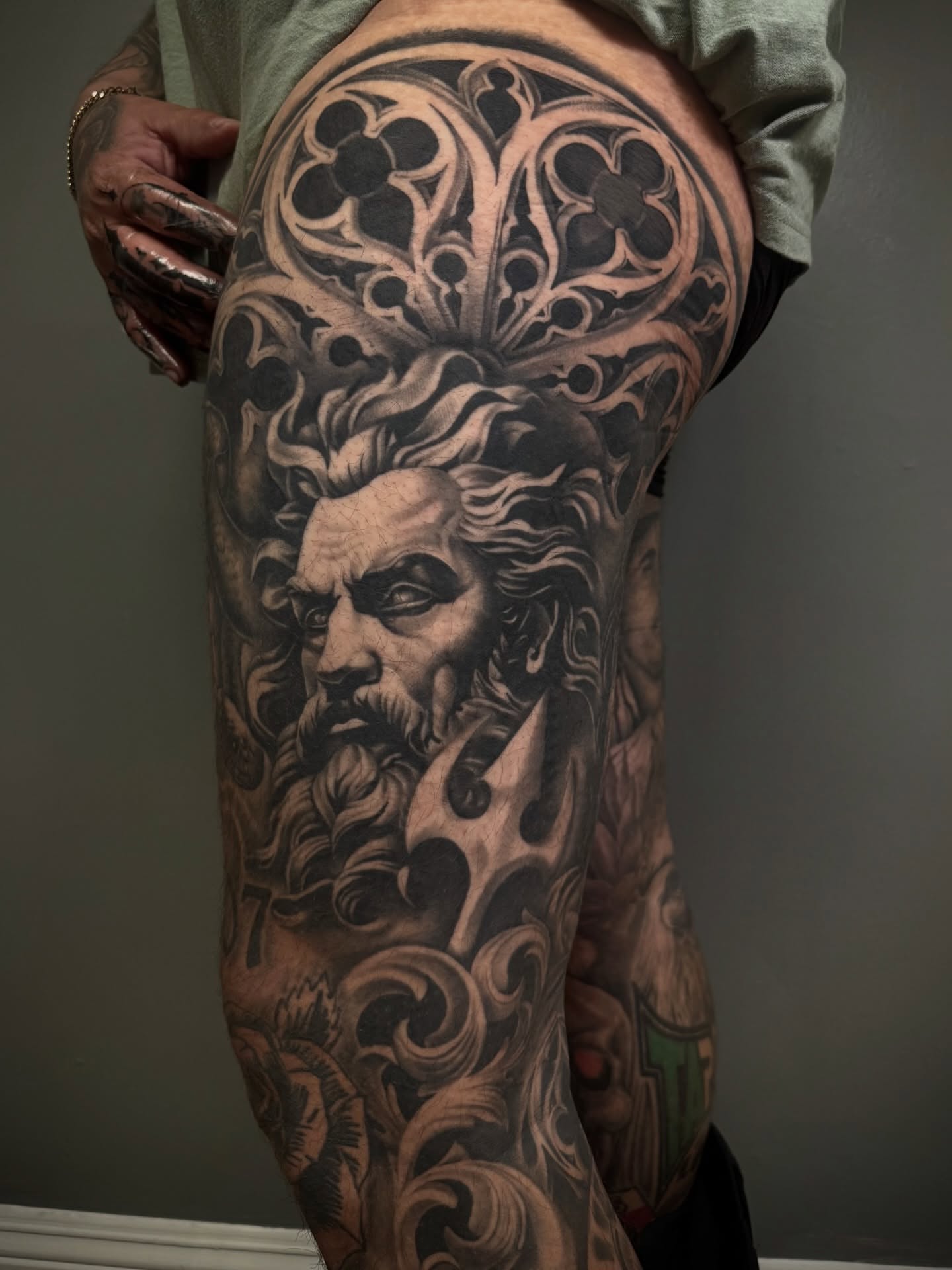 Godly figure realism tattoo on the thigh by π·ππ