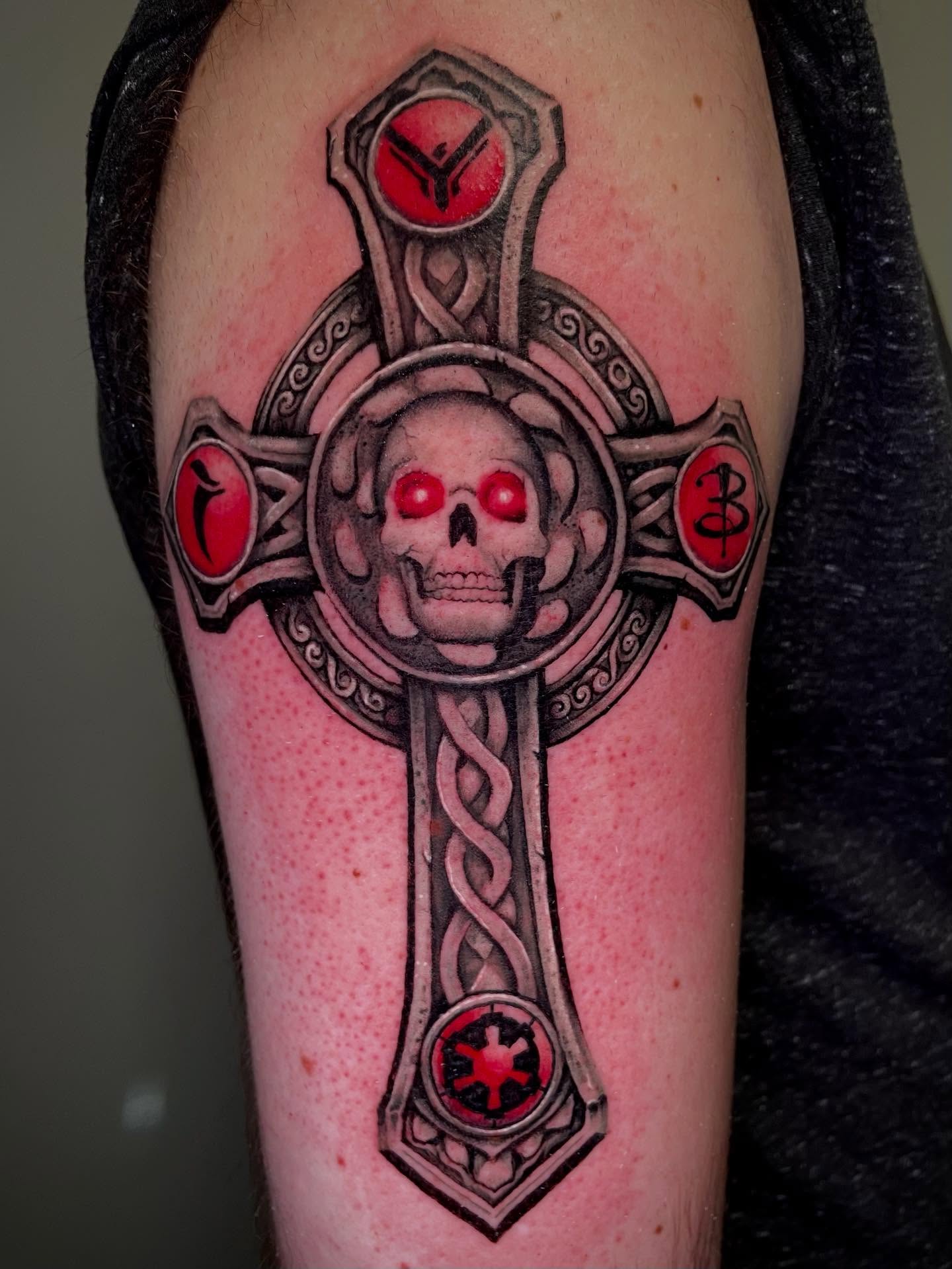 Cross with skull dark realism tattoo on the forearm by Bryce Presley, Mission, Kansas
