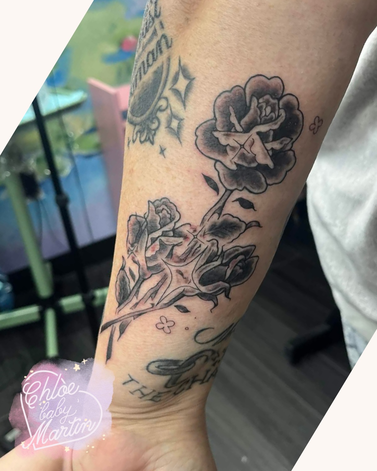 Roses American traditional tattoo on the forearm by Chloe ‘baby’ Martin