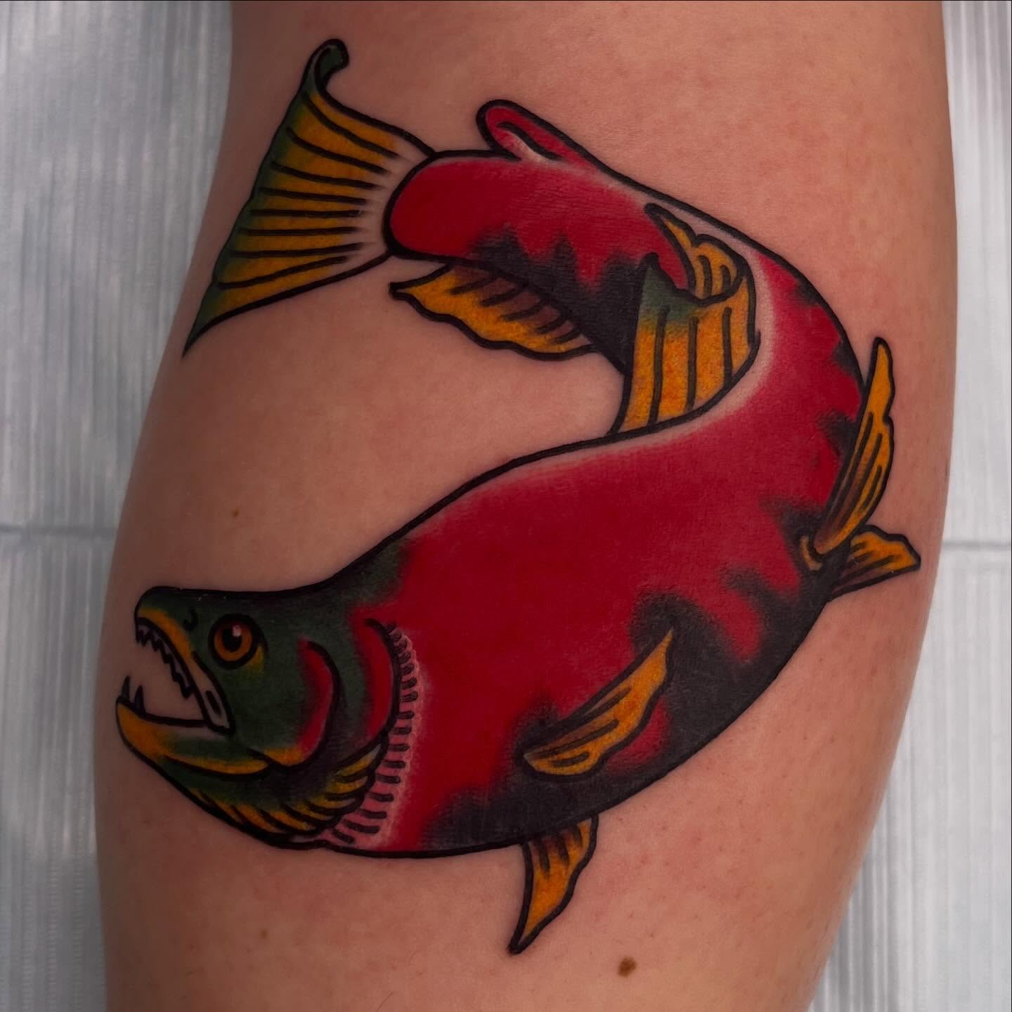 Piranha American traditional tattoo on the thigh by Steven Blackheart