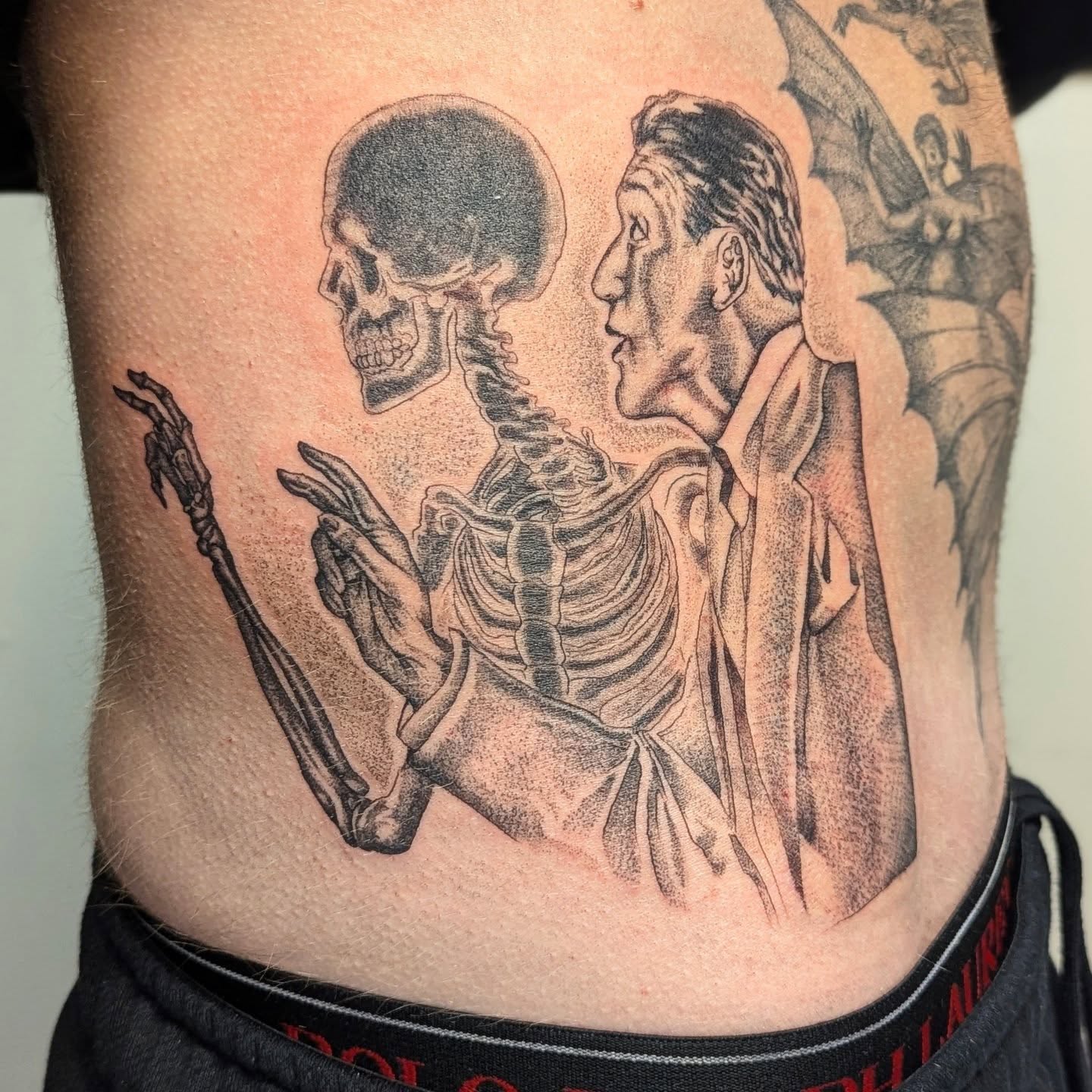 Skeleton and man dotwork tattoo on the ribs by DONEL 📍Denver