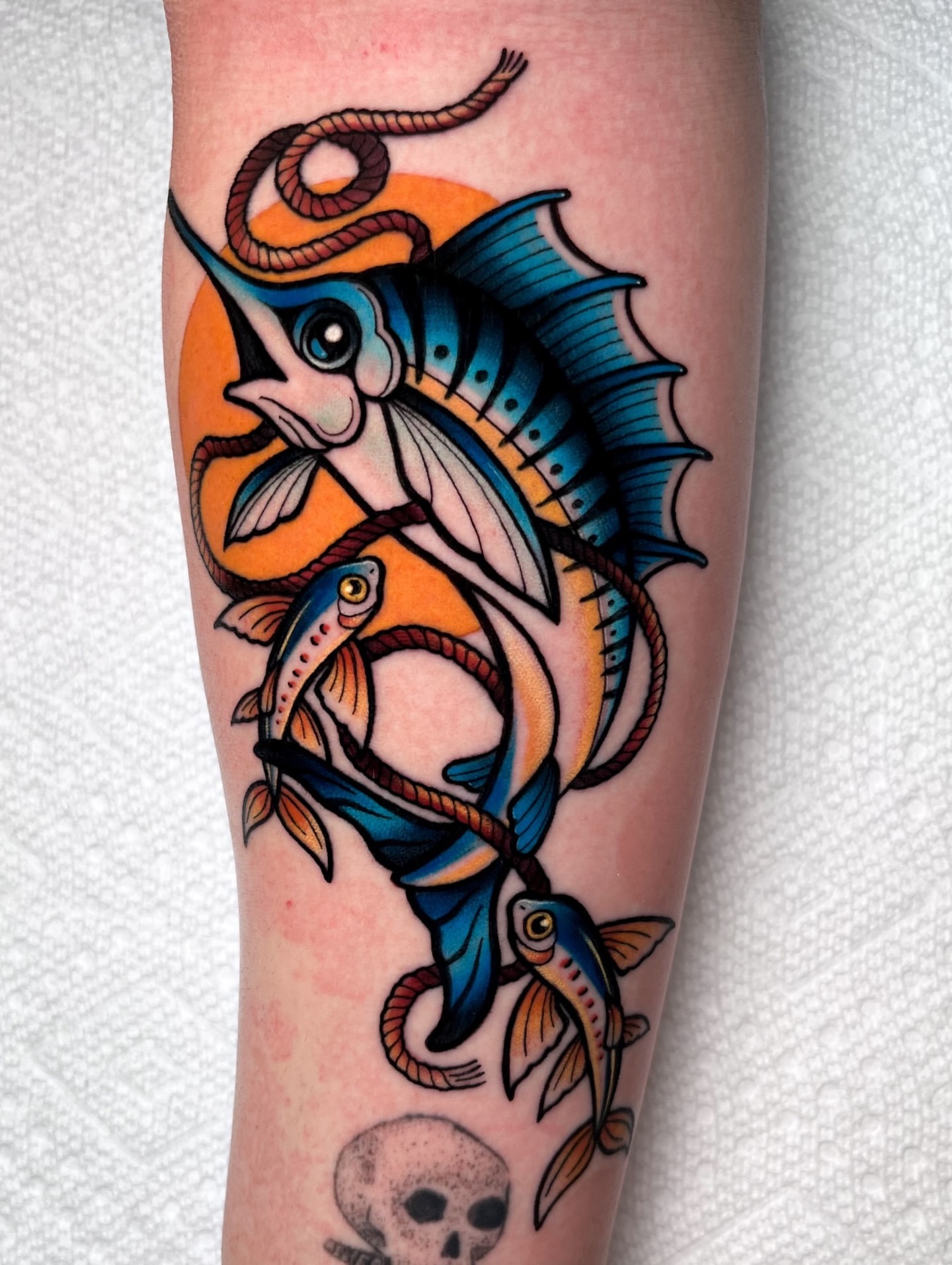 Marlin and fish American traditional tattoo on the forearm by ʙᴇᴄᴄᴀ ʟʏɴɴ
