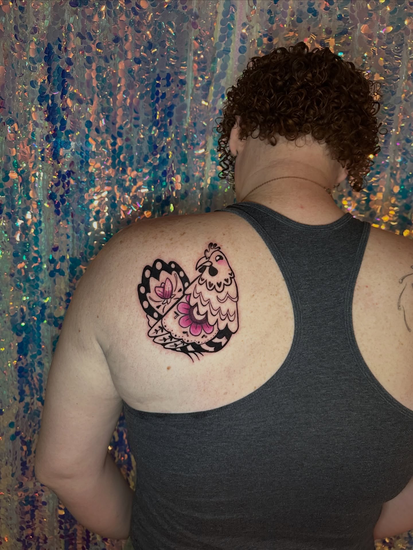 Chicken dotwork tattoo on the shoulder by Sunny, Austin, Texas