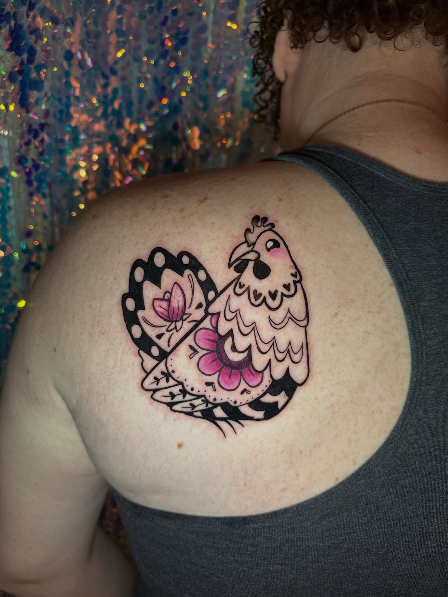 Chicken trash polka tattoo on the shoulder by Sunny, Austin, Texas