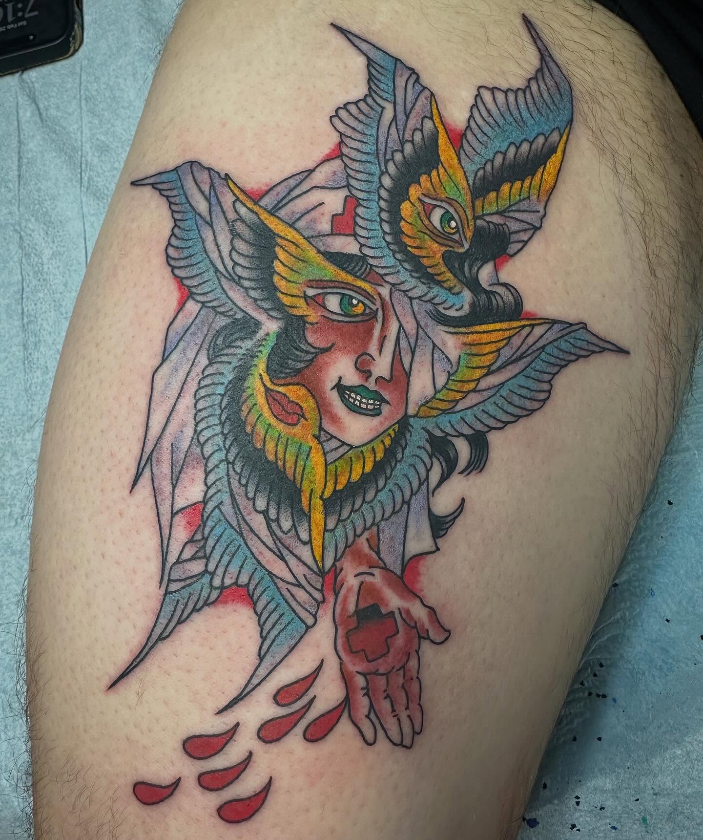 Angelic creature American traditional tattoo on the thigh by Devin Spenny