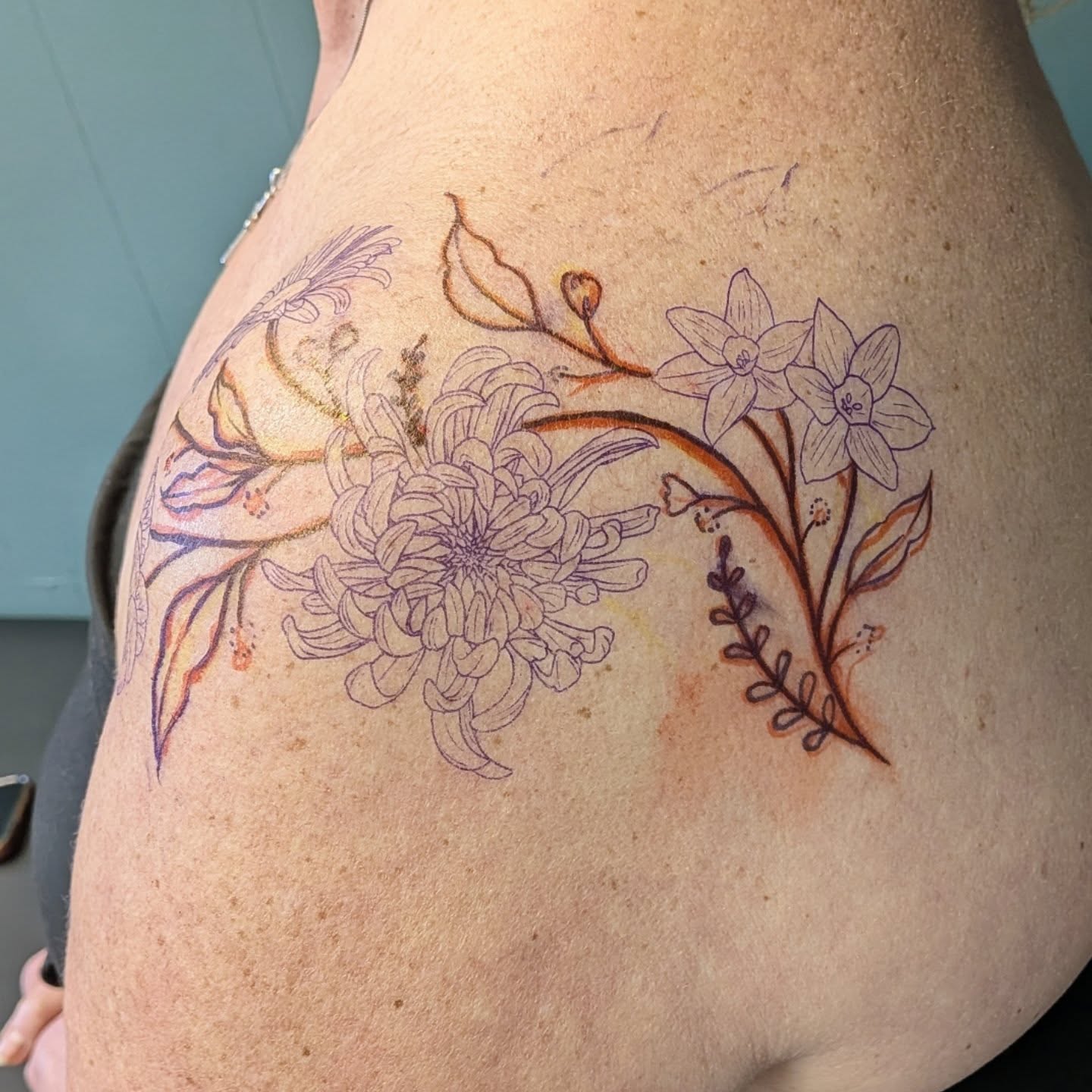 Floral arrangement dotwork tattoo on the thigh by L U C y, Knoxville, Tennessee