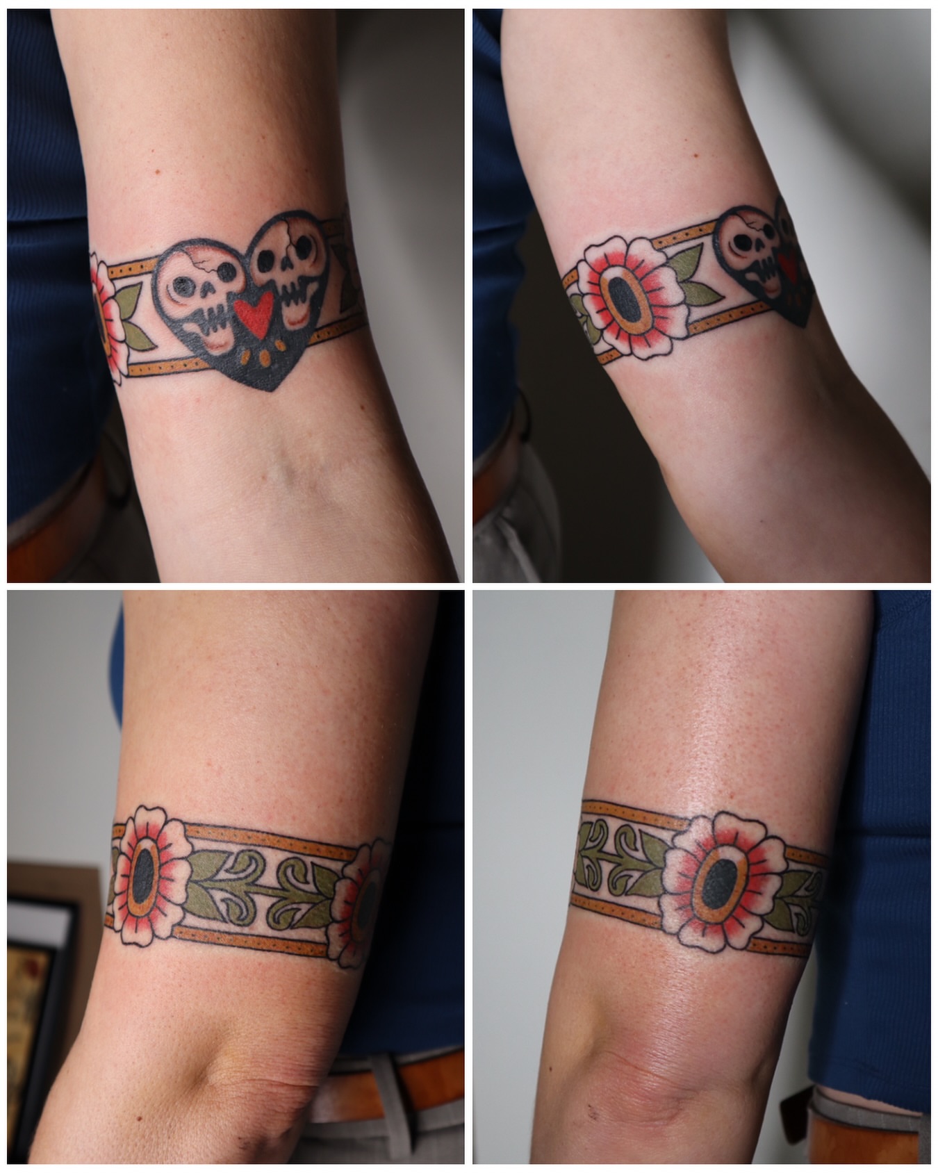 Skulls and flowers American traditional tattoo on the forearm by Kate Ortiz