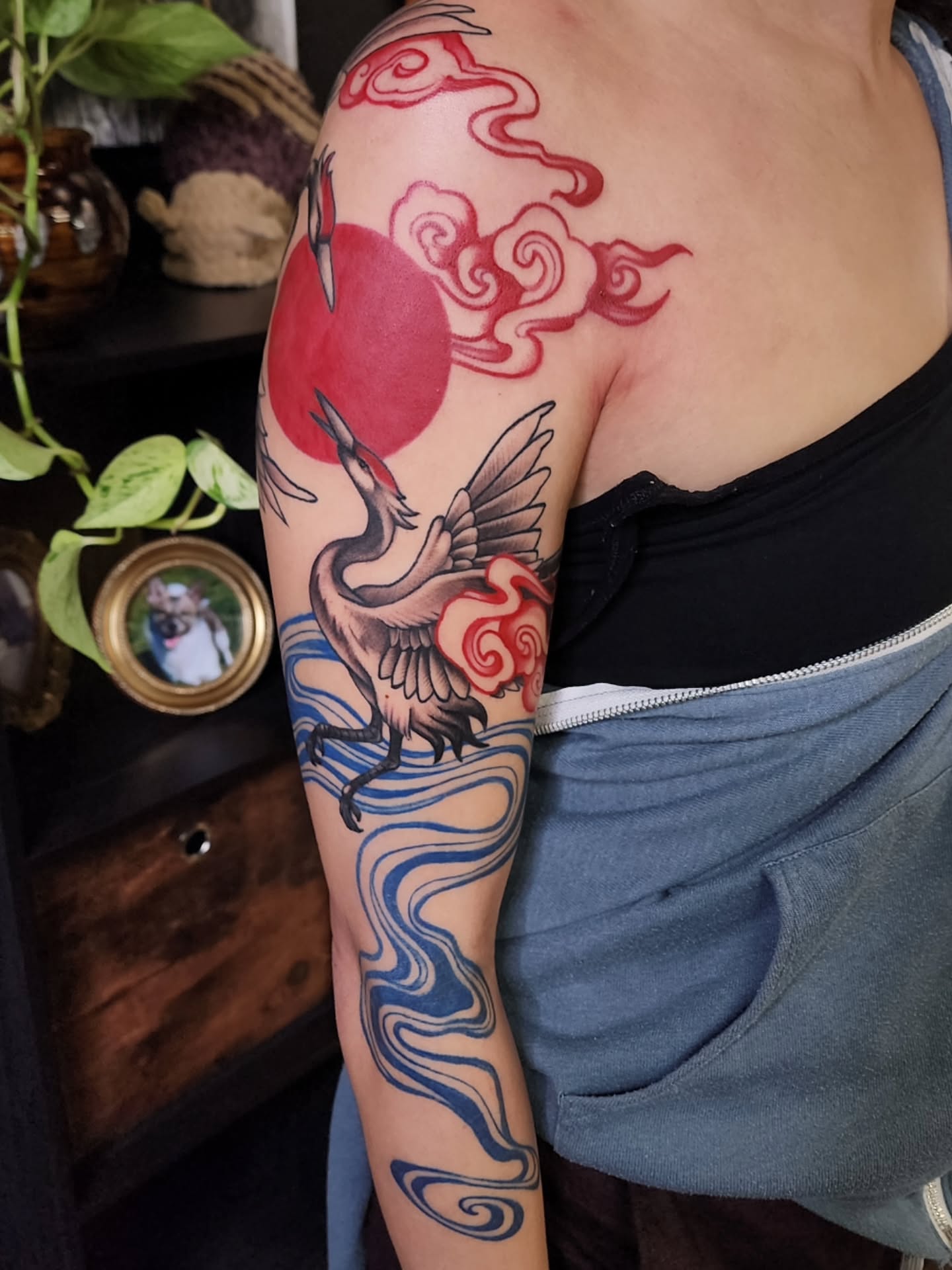 Crane and sun japanese irezumi tattoo on the shoulder by Shawna Goettsche