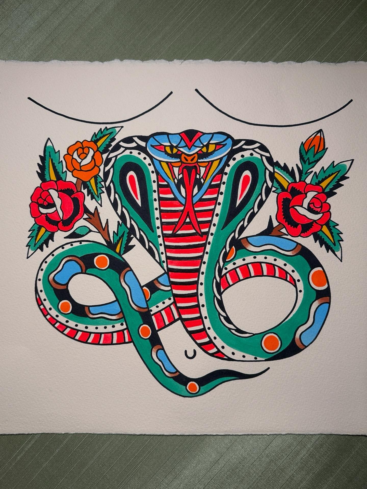 Snake and flowers American traditional tattoo on the chest by Britt Kuechenmeister, Culver City, California