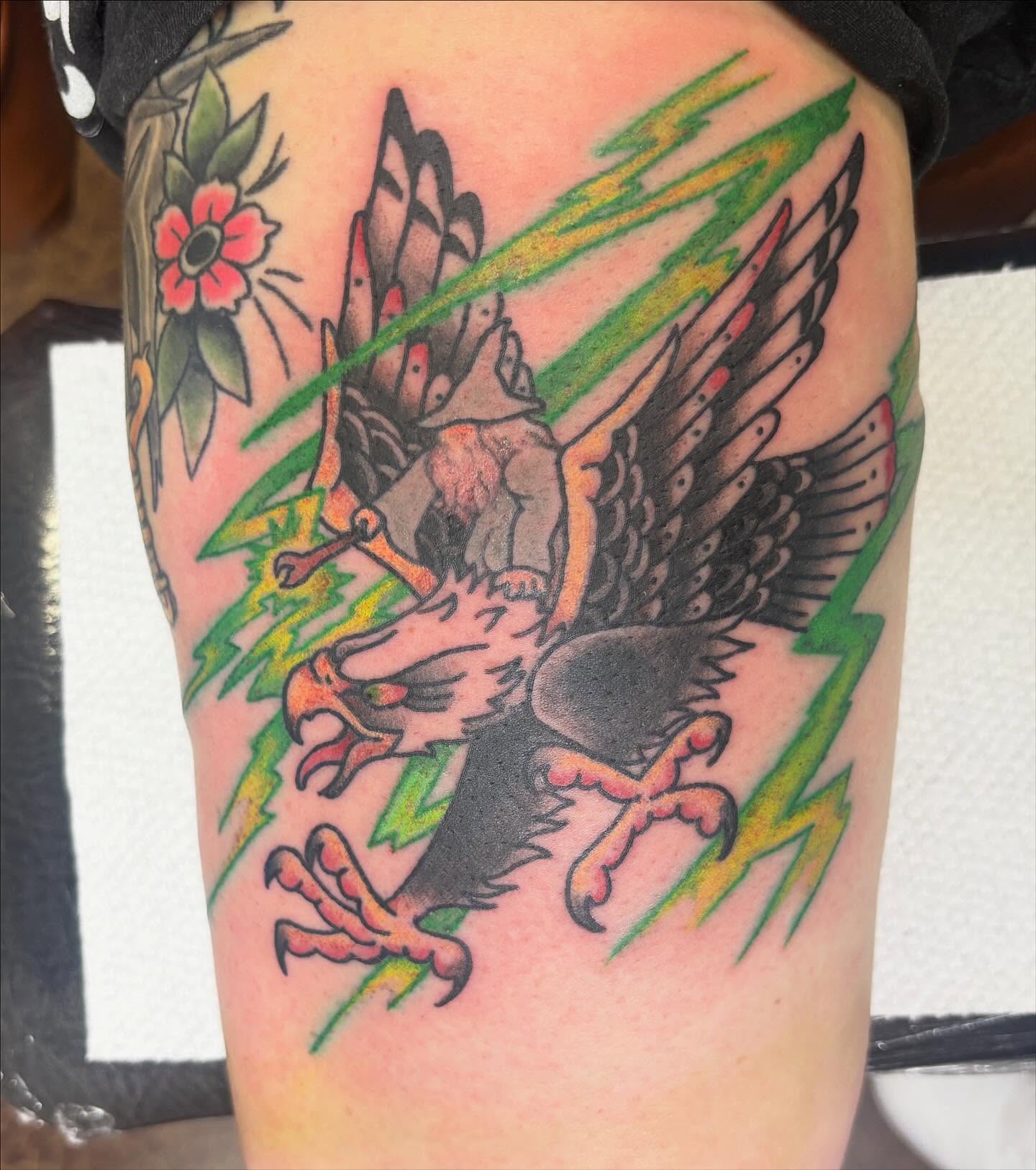 Mythical creature American traditional tattoo on the thigh by Gabby, Kansas City, Missouri