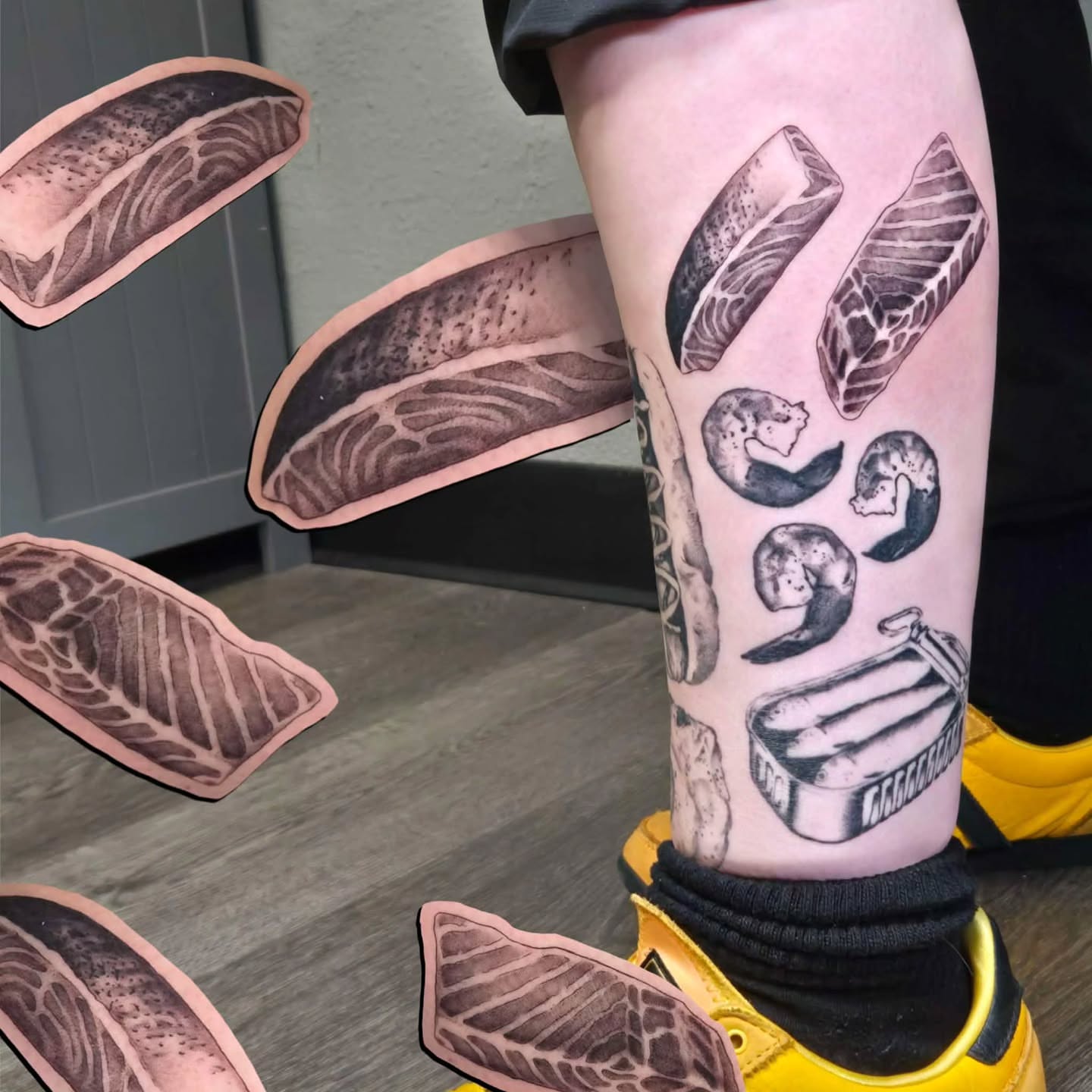 Meat and fish realism tattoo on the thigh by alec