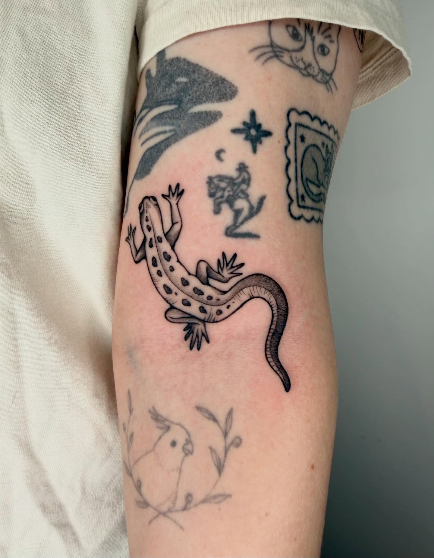 Lizard black and grey tattoo on the forearm by Ava Williams