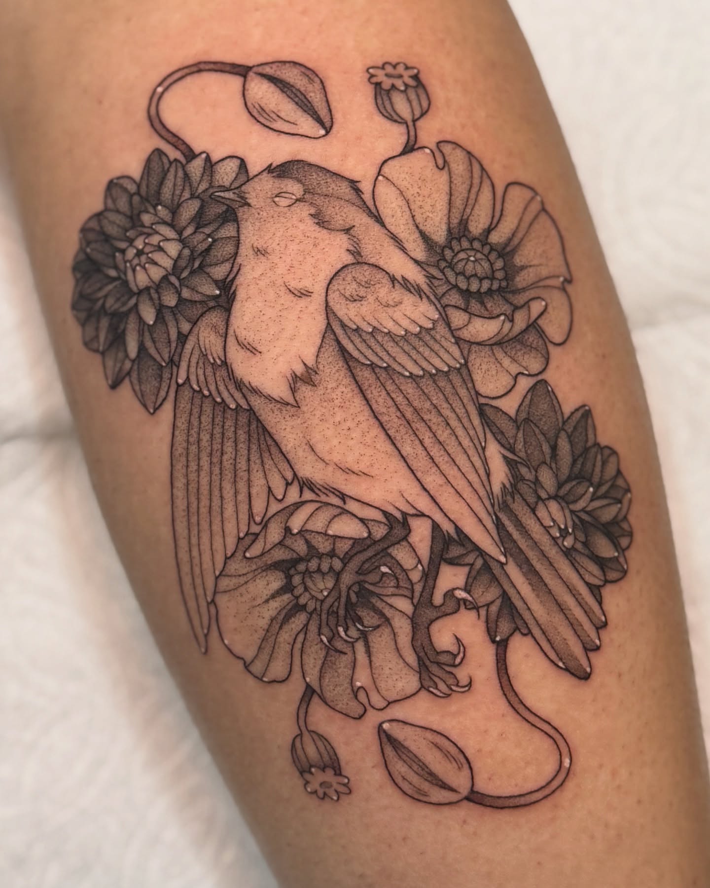 Bird and flowers dotwork tattoo on the thigh by Connor🍄🏳️‍⚧️