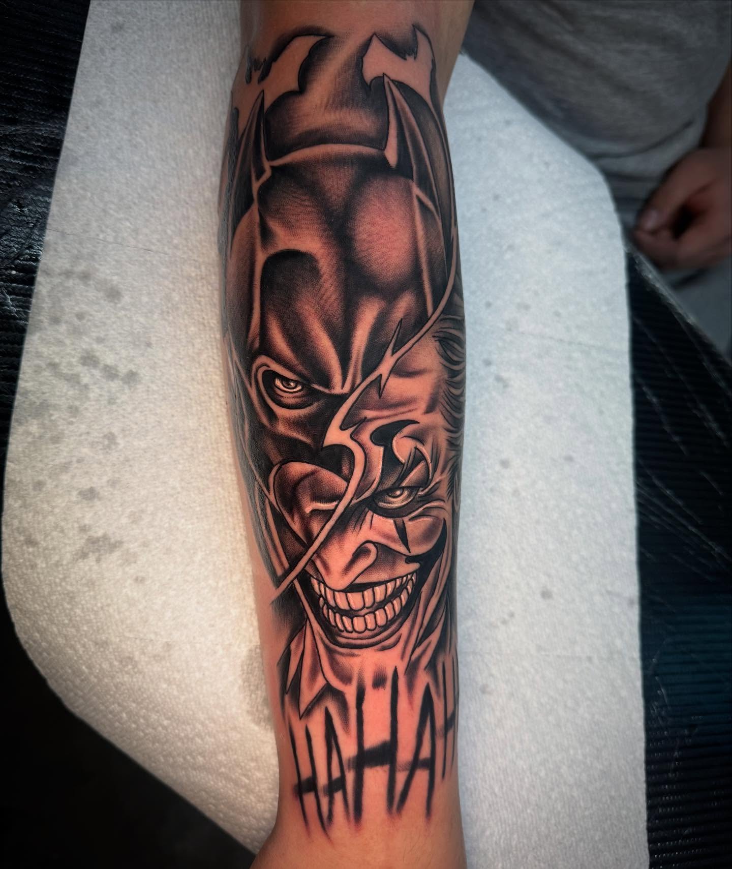 Joker dark realism tattoo on the forearm by Jake Horstman, Dayton, Ohio