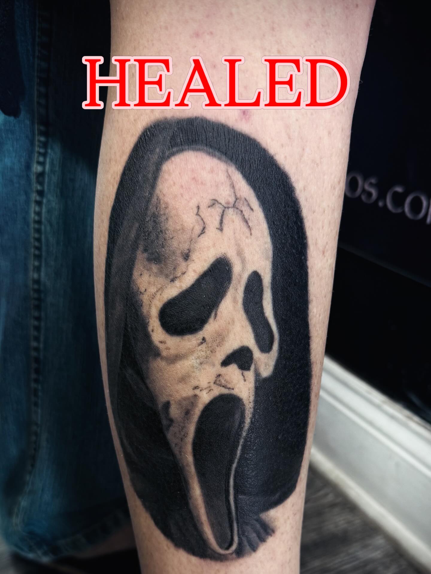 Scream mask black and grey tattoo on the forearm by Nicholas A. Estes-Davis