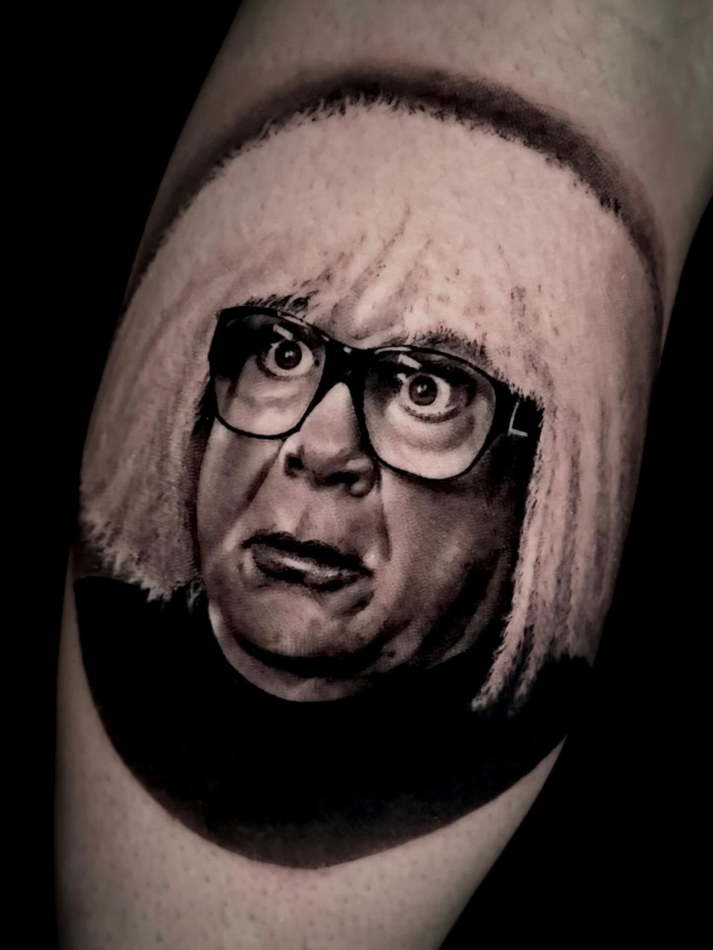 Mrs. doubtfire realism tattoo on the forearm by Nathan Adsit