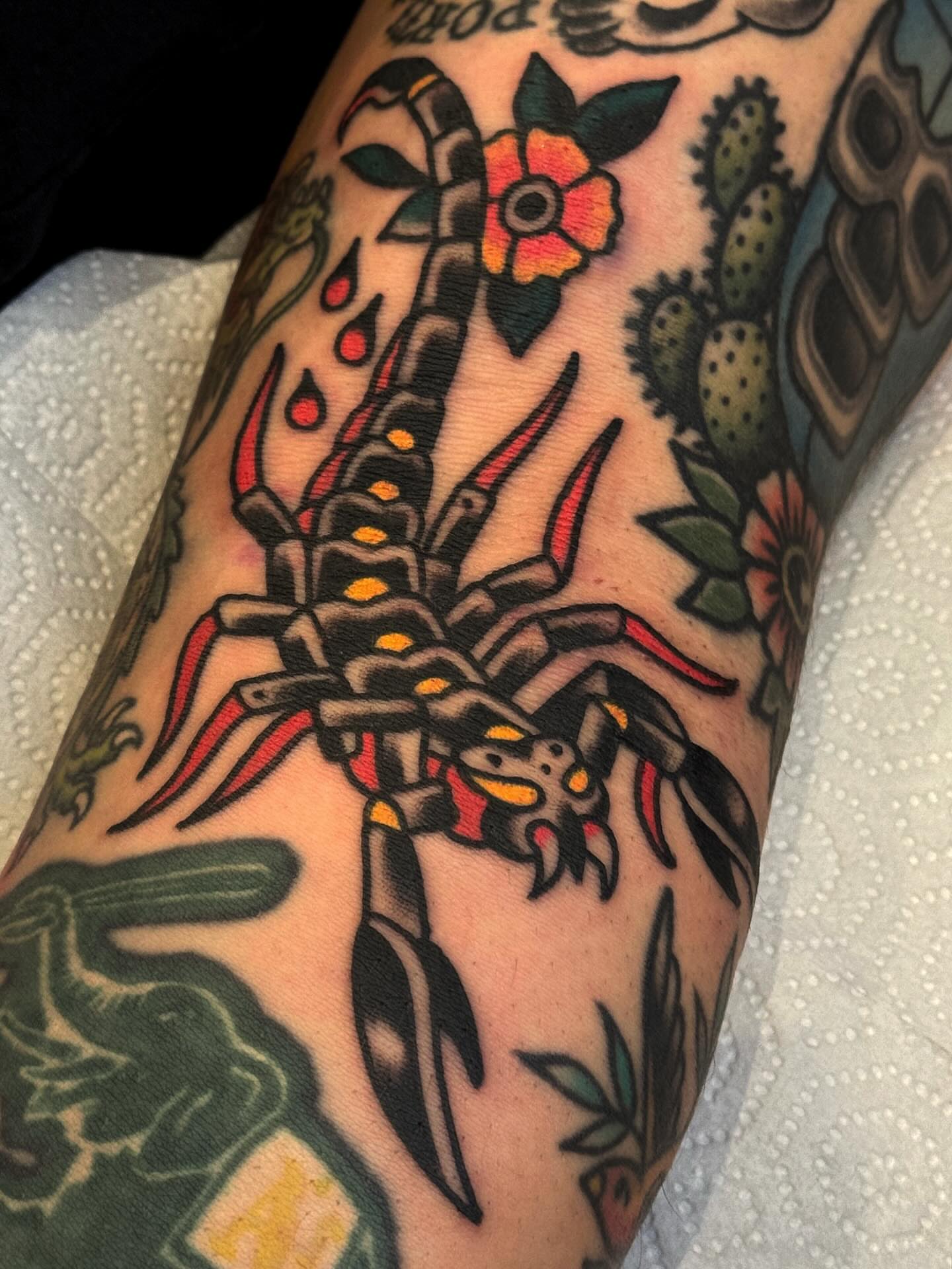 Scorpion American traditional tattoo on the forearm by Bryce Shearer