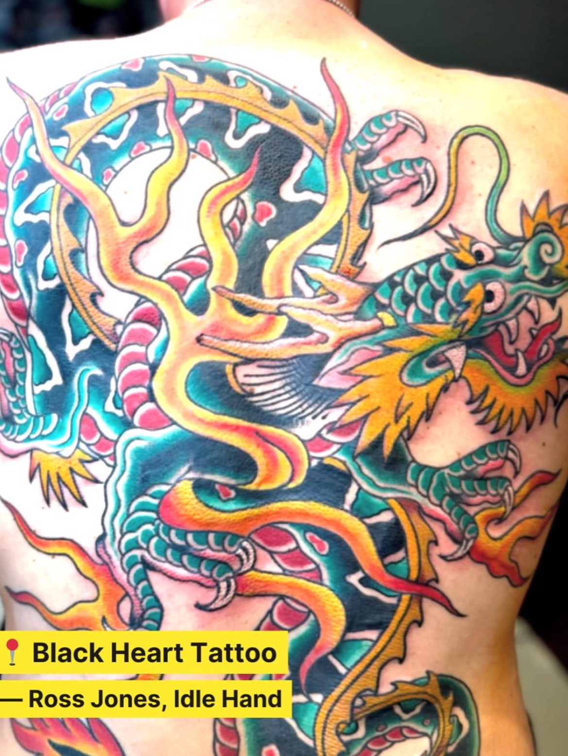 Dragon American traditional tattoo on the back by π. ππππ, San Francisco, California