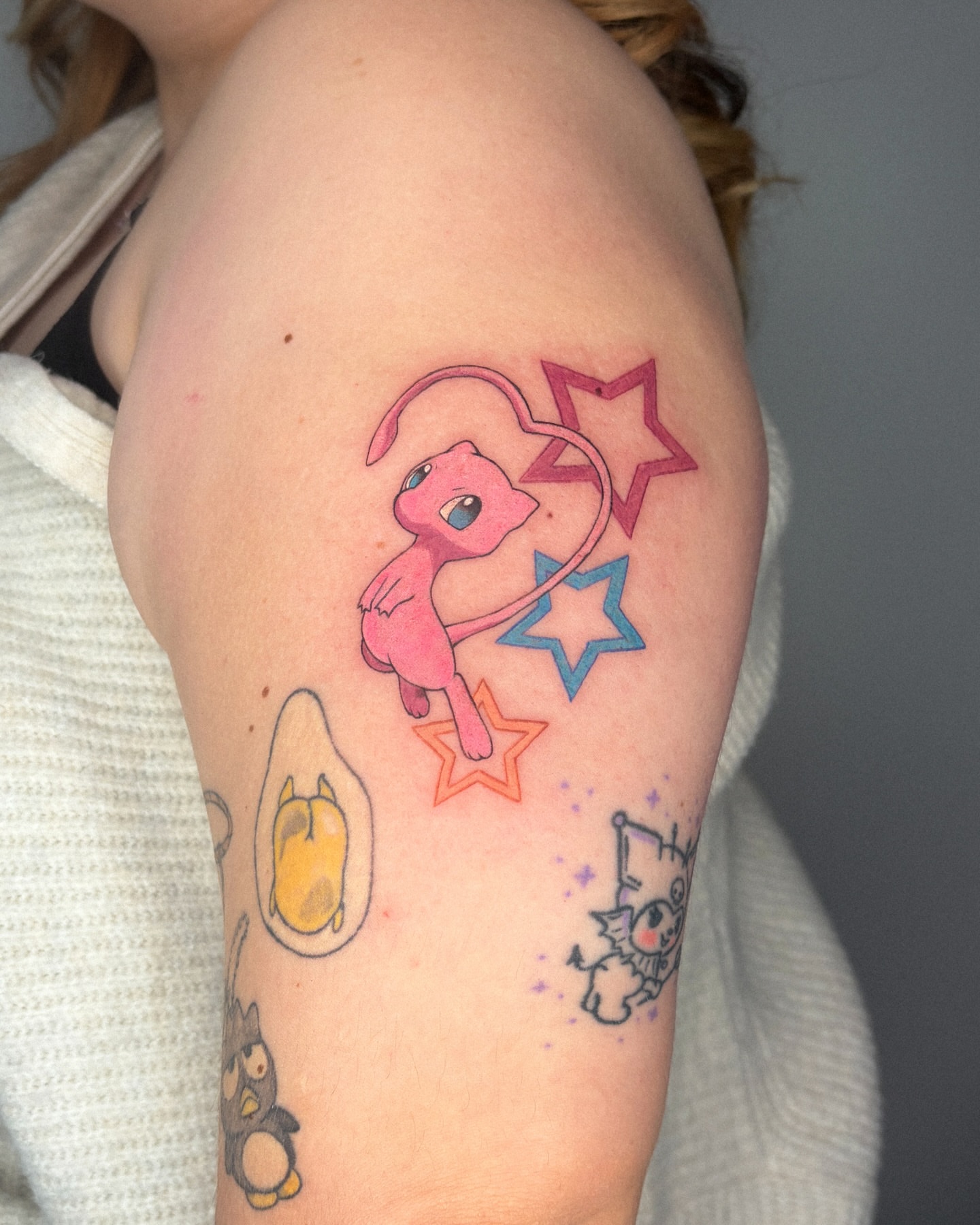 Mew dotwork tattoo on the upper arm by ☆ gia
