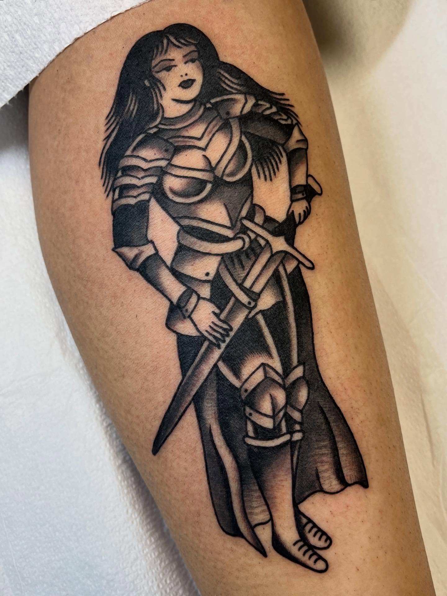 Female warrior black and grey tattoo on the thigh by 🌞all Bodies Welcome🌞