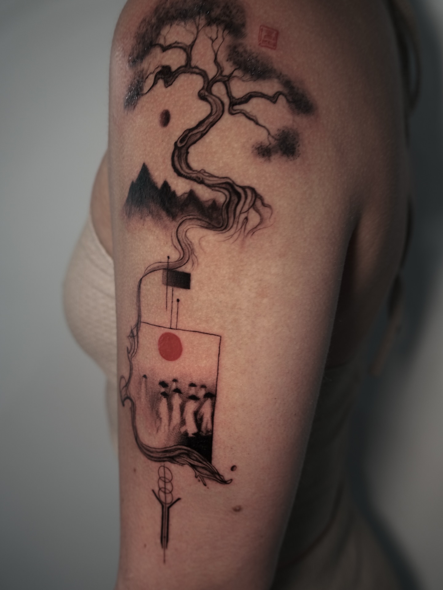Bonsai tree and boat dotwork tattoo on the forearm by Lily K.