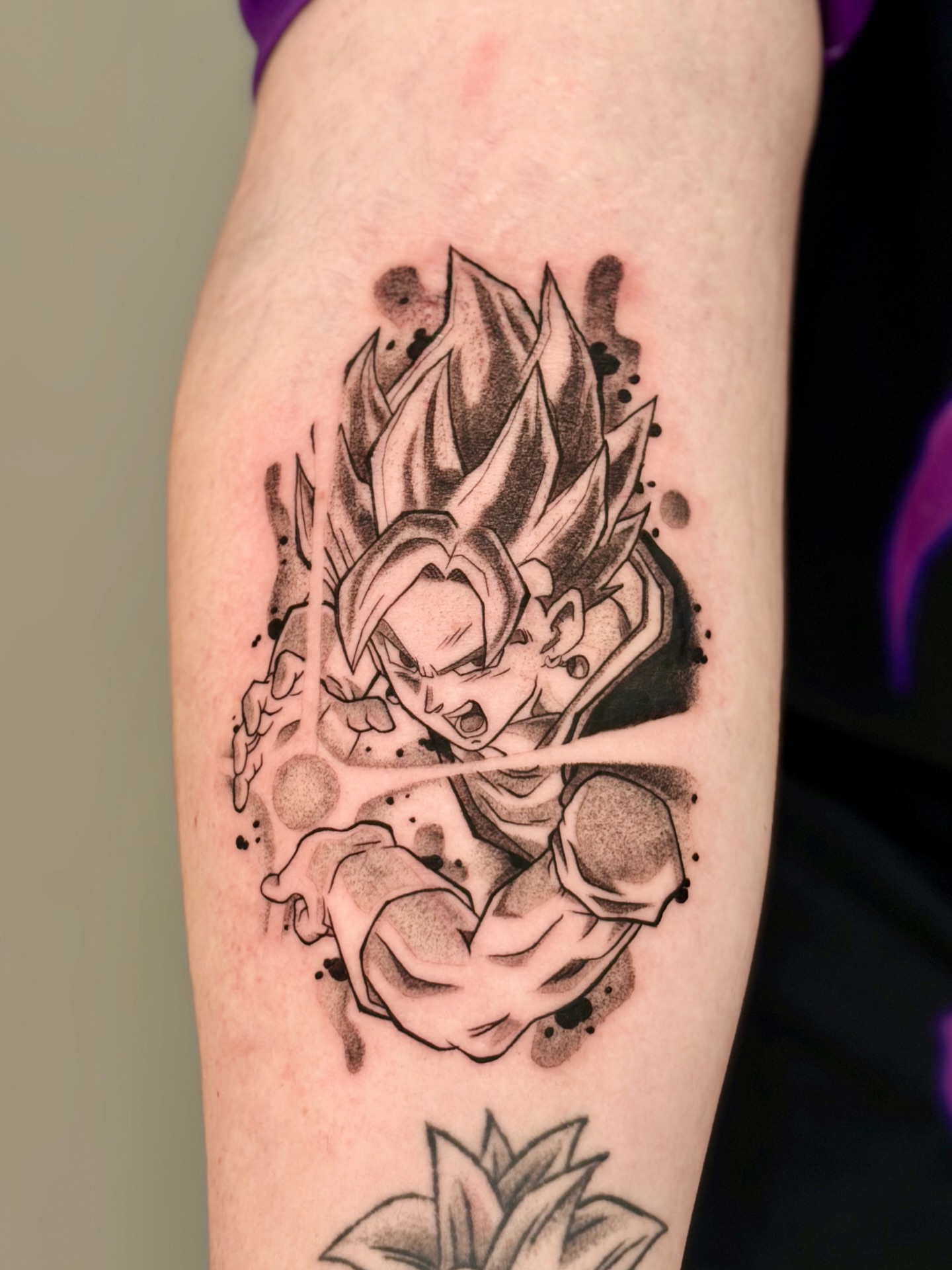 Super saiyan dotwork tattoo on the forearm by Quinn ᶻ 𝗓 𐰁 .ᐟ, Charlotte, North Carolina