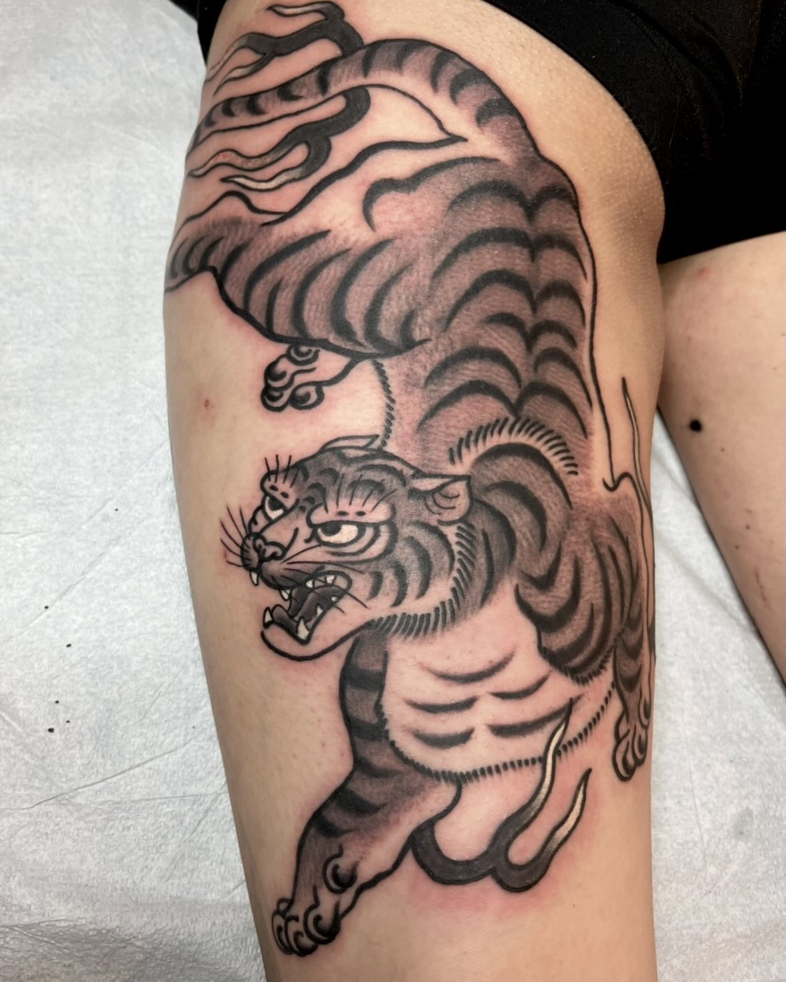 Tiger black and grey tattoo on the forearm by Eli Bernal