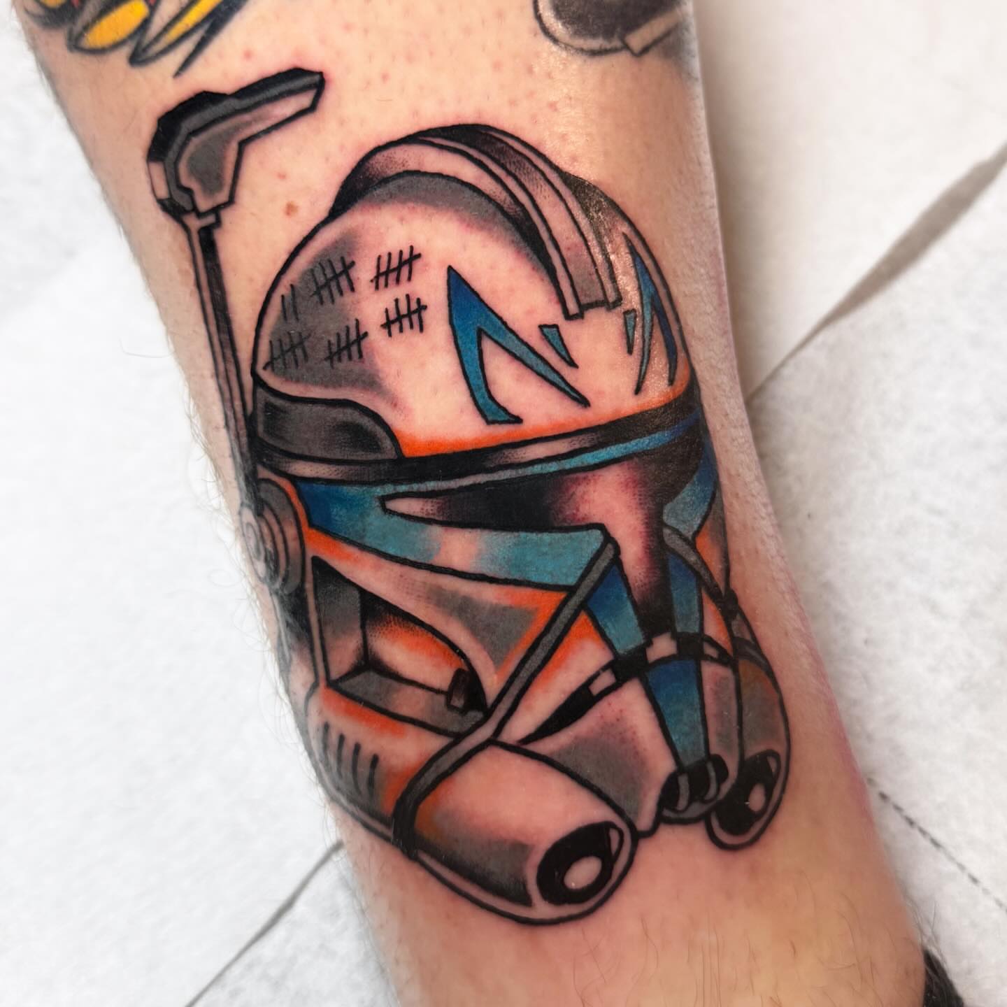 Clone trooper helmet American traditional tattoo on the forearm by Shelby