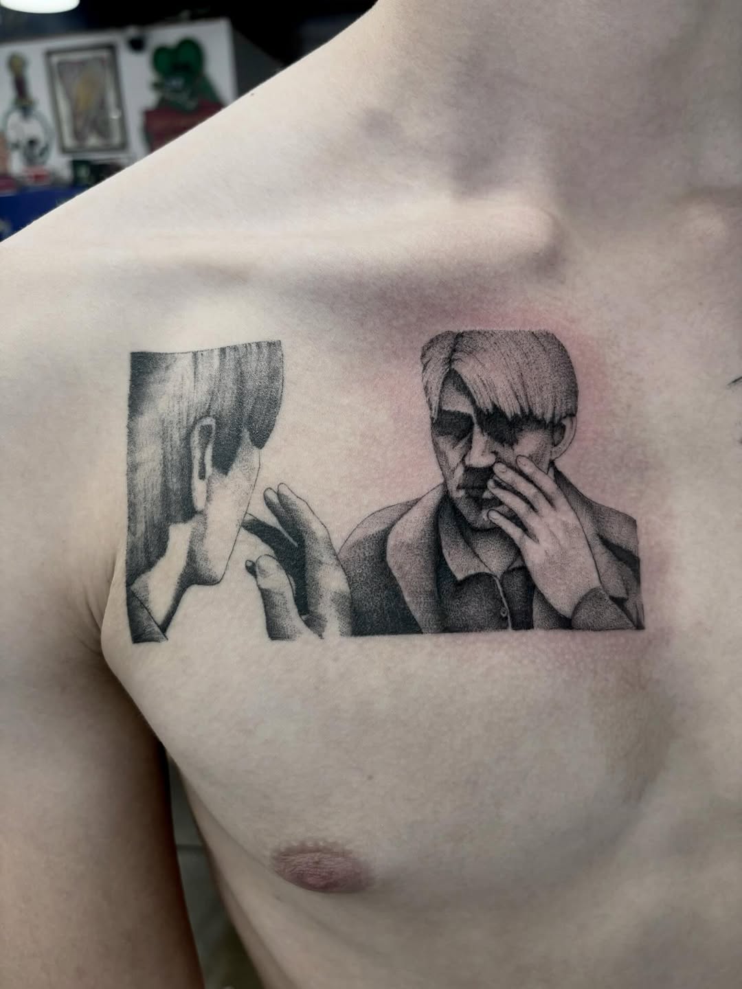 Two figures interacting sketch tattoo on the chest by Zoe D
