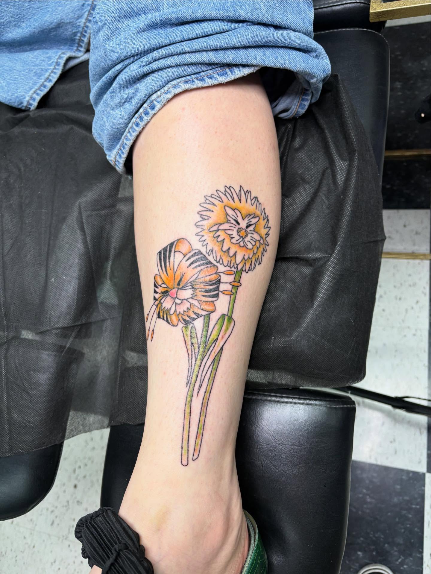 Flowers new school tattoo on the calf by Joe ⋆₊⋆☢︎⁺₊⚠︎₊⋆