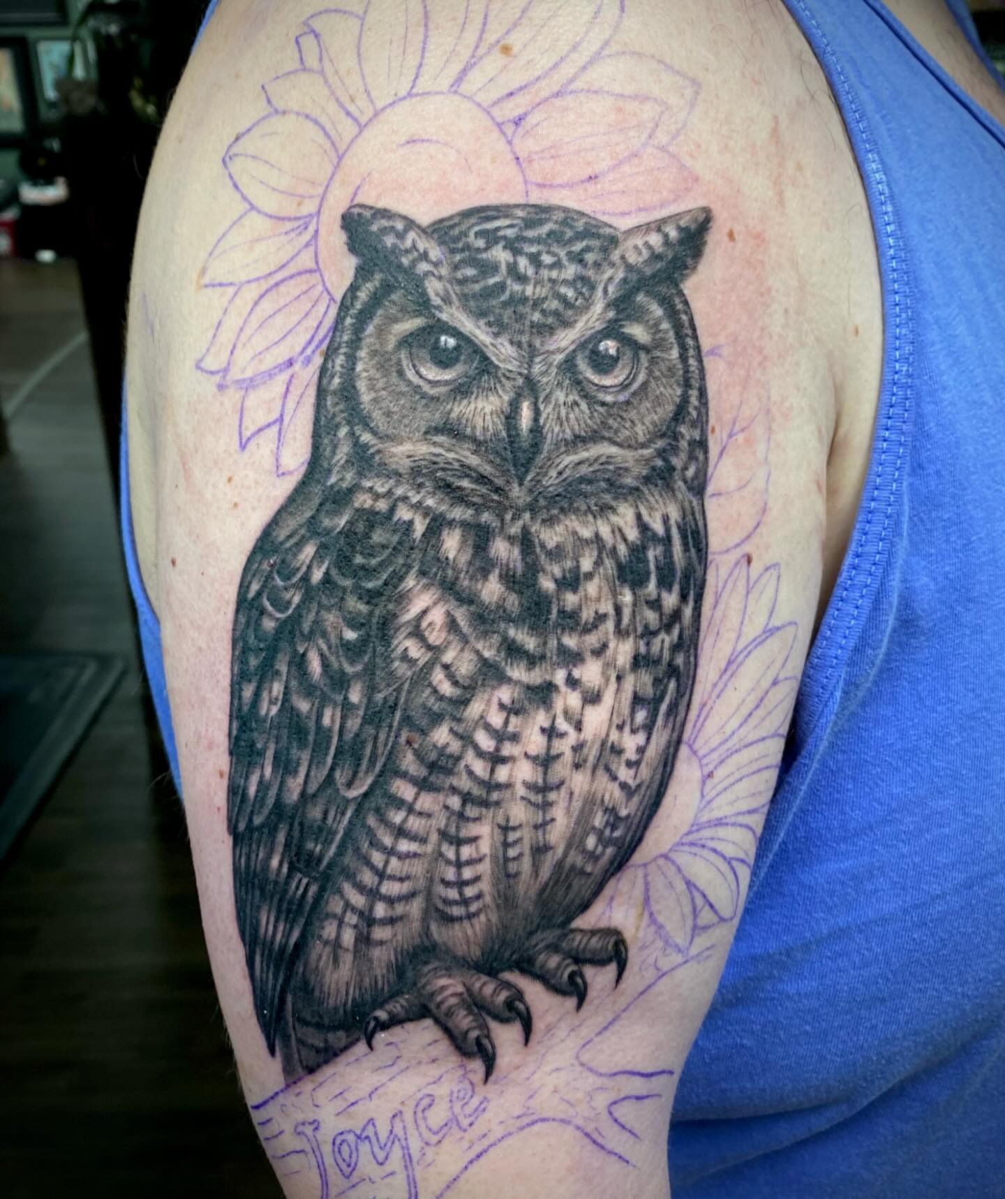 Owl realism tattoo on the shoulder by Nicole Parenti ✨, Franklin, Tennessee