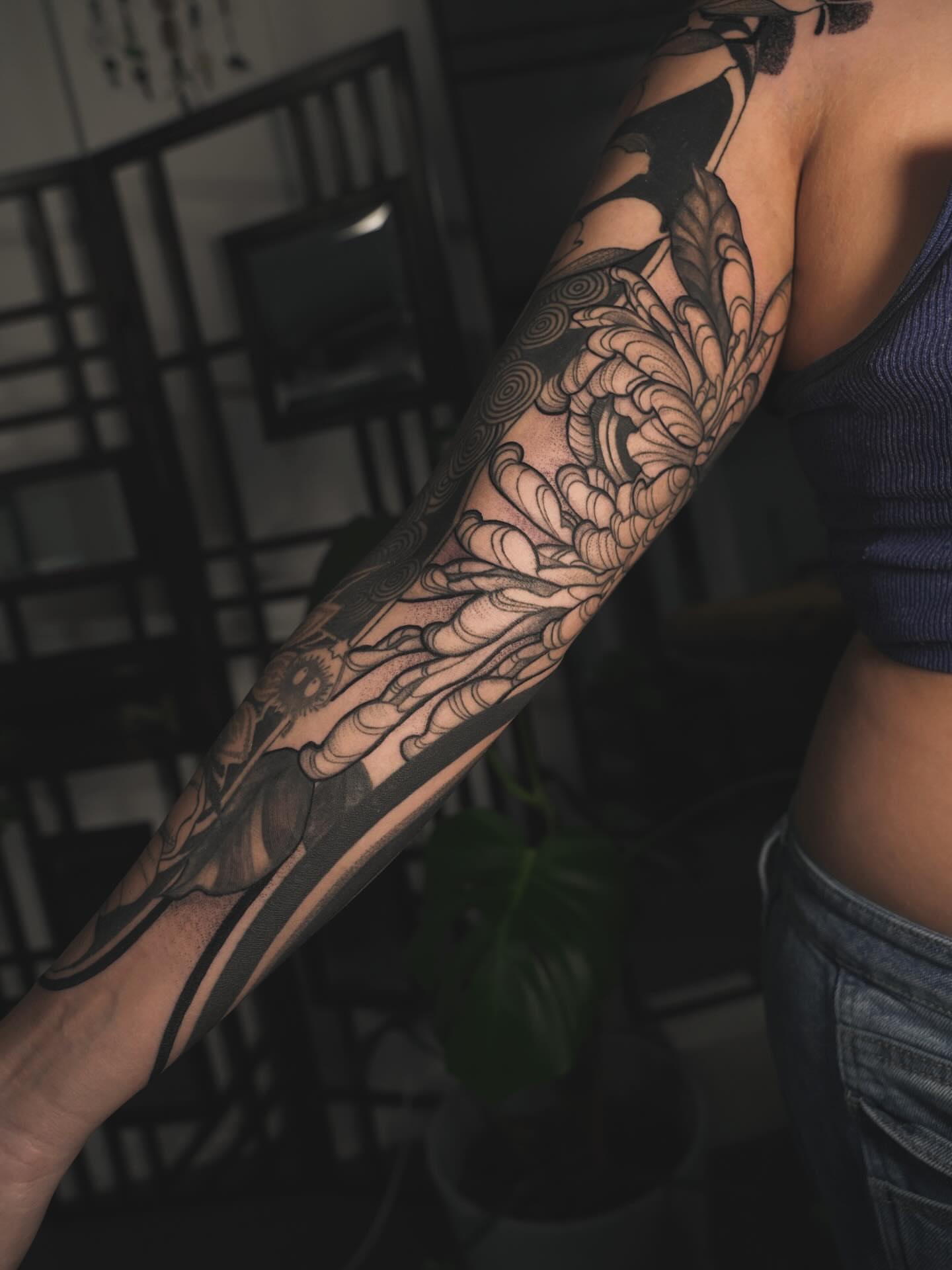 Bamboo and waves japanese irezumi tattoo on the forearm by Katherin Plaza