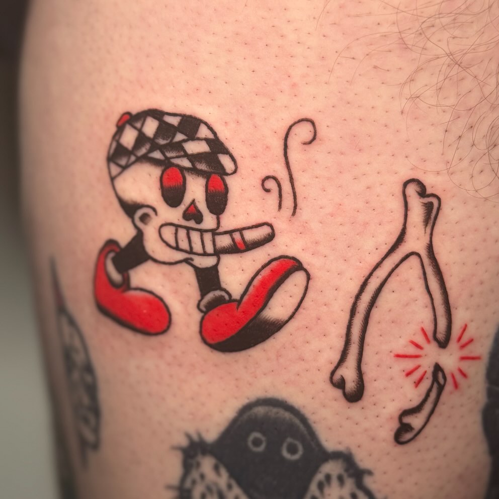 Skull smoking cigarette dotwork tattoo on the thigh by ★ eliza rodriguez🇲🇽 ★